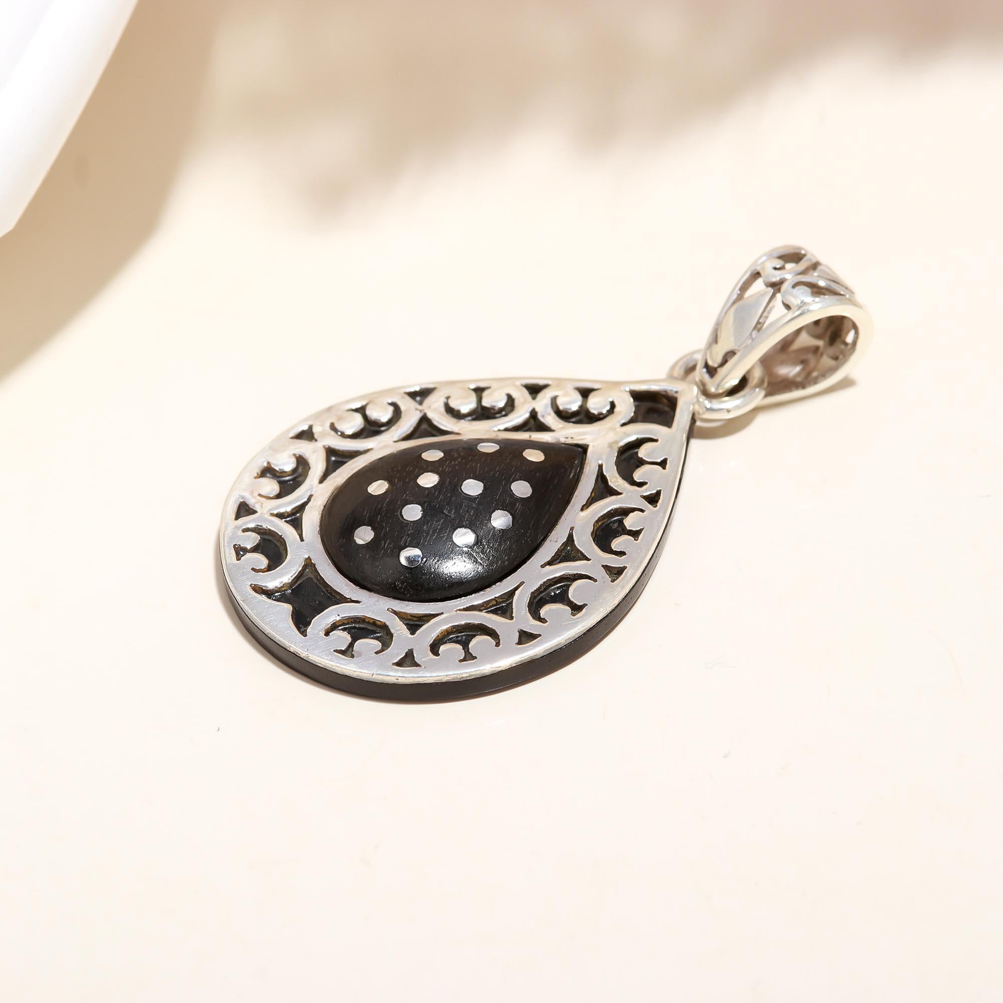 The Midnight Teardrop: Black Onyx Dotted Scroll Filigree Silver Pendant