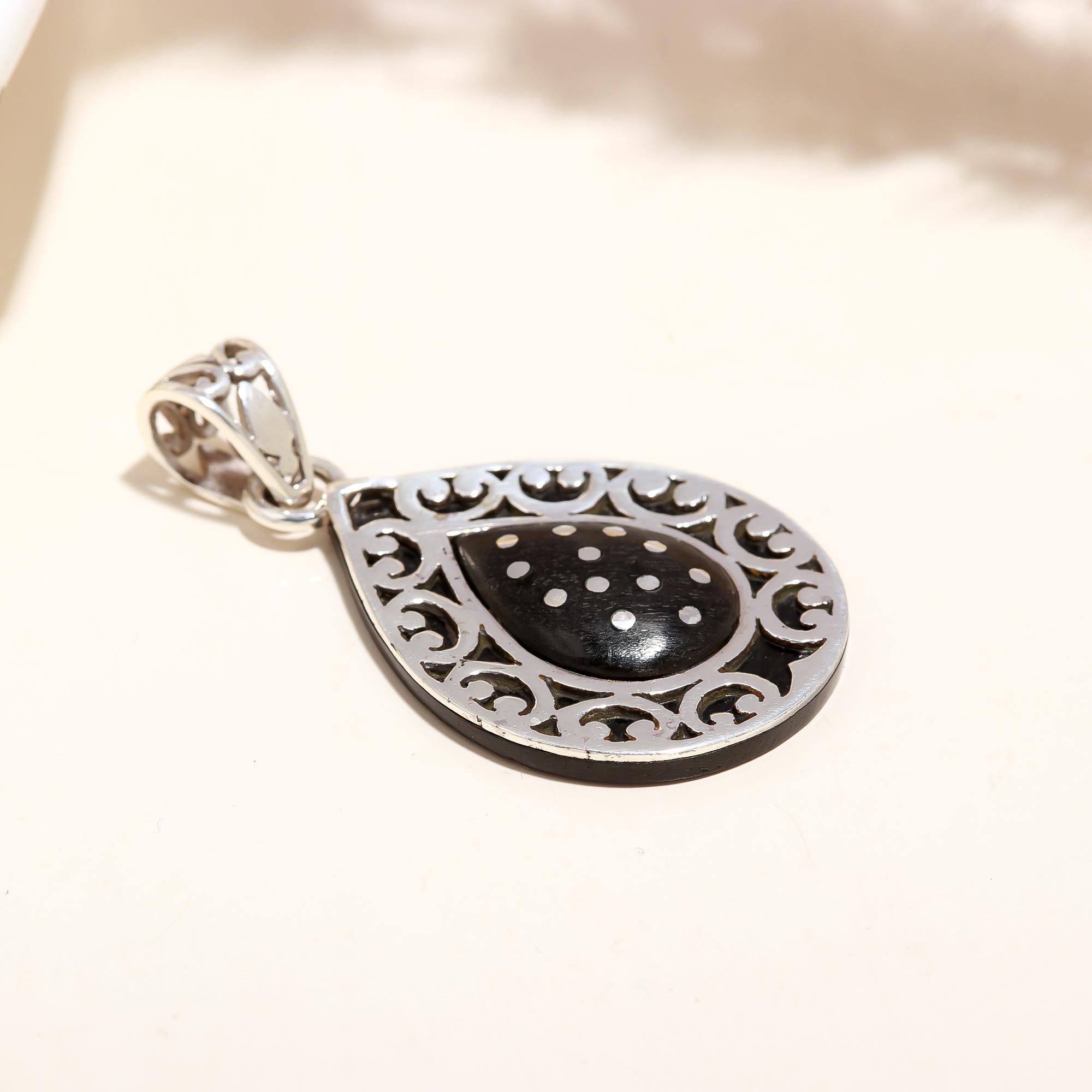 The Midnight Teardrop: Black Onyx Dotted Scroll Filigree Silver Pendant