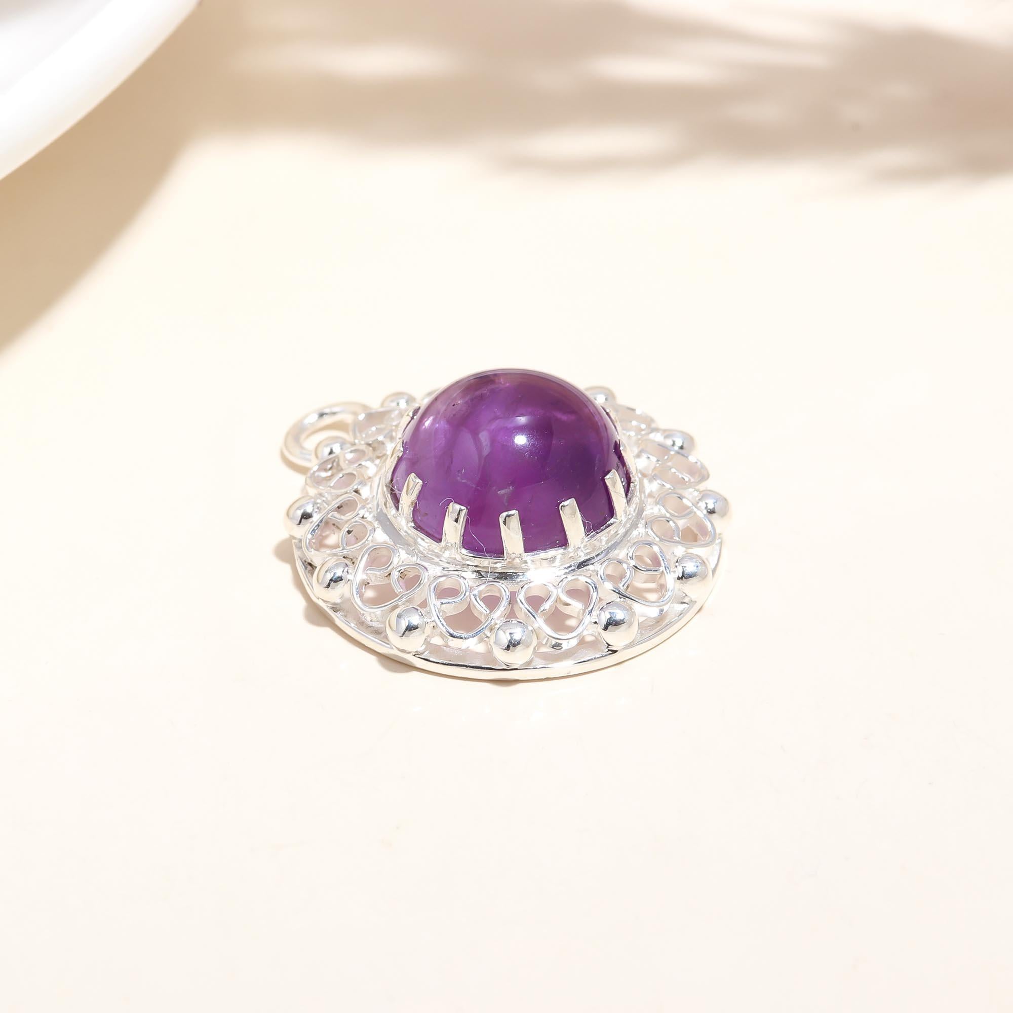 The Violet Medallion: Amethyst Filigree Halo Silver Pendant