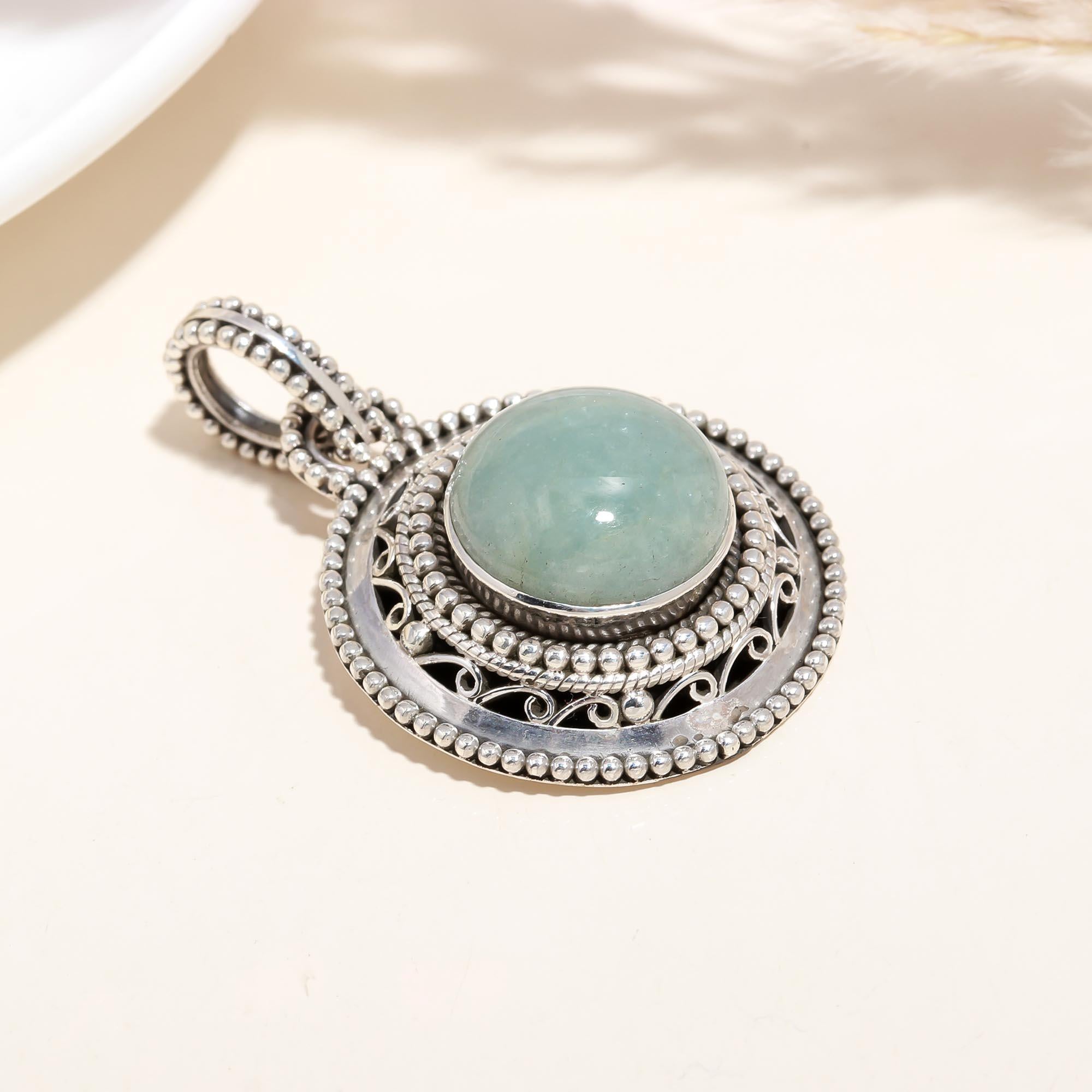 Aquamarine Silver necklace circle filigree pendant