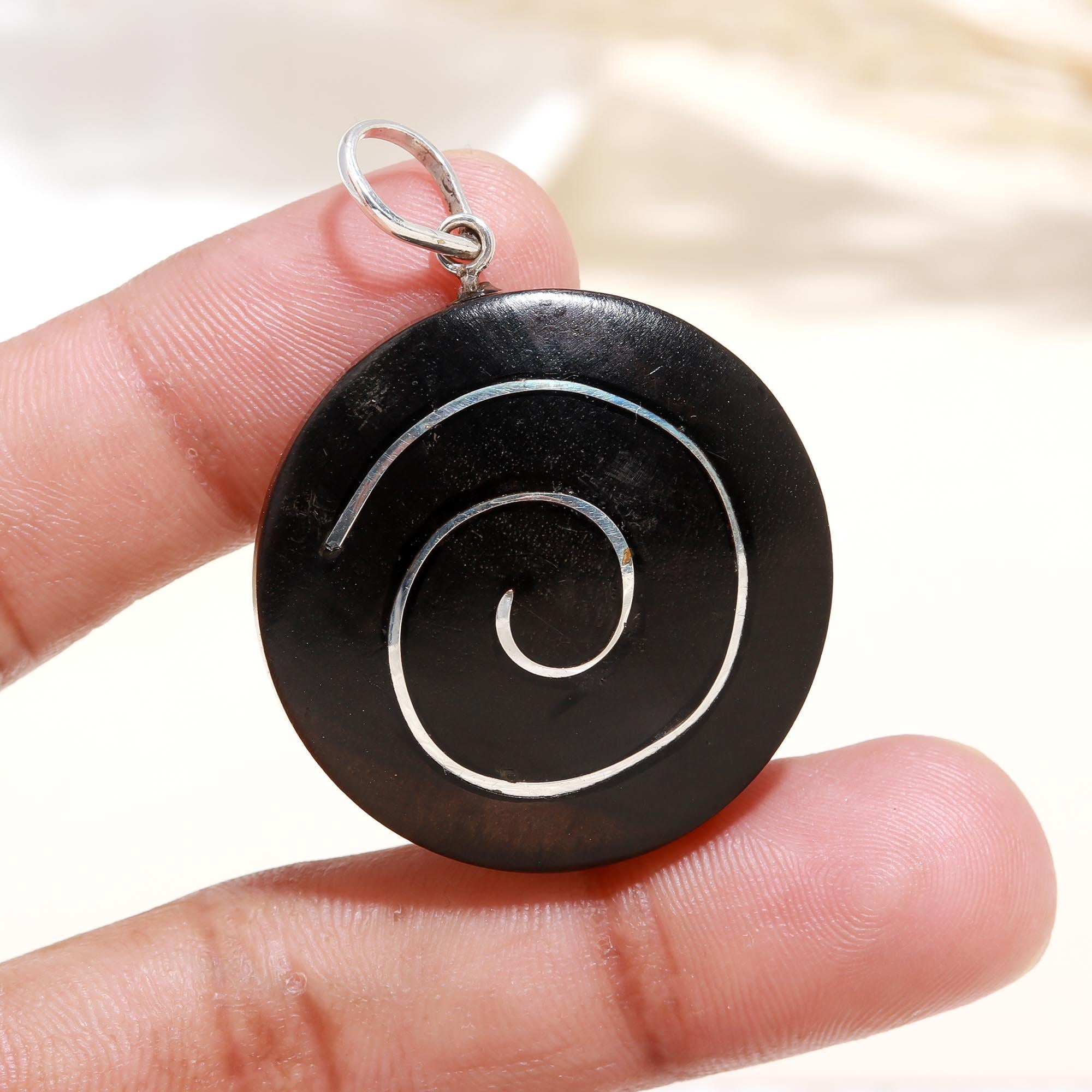 The Dark Spiral: Black Wood Silver Inlay Spiral Disc Pendant