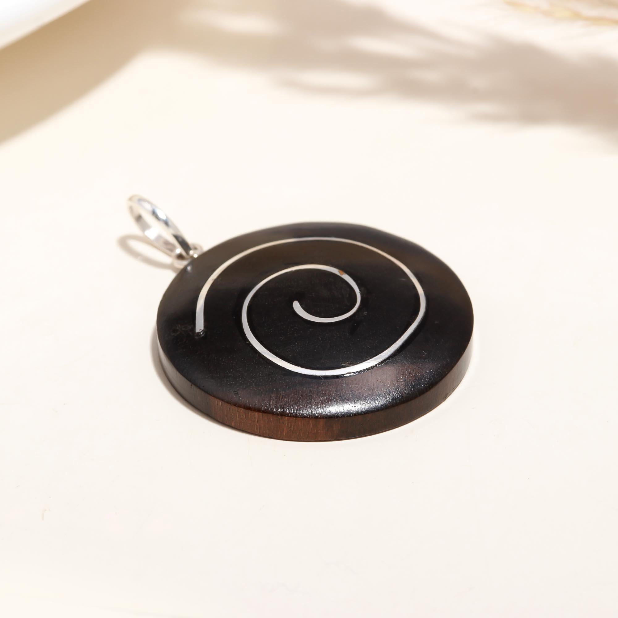 The Dark Spiral: Black Wood Silver Inlay Spiral Disc Pendant