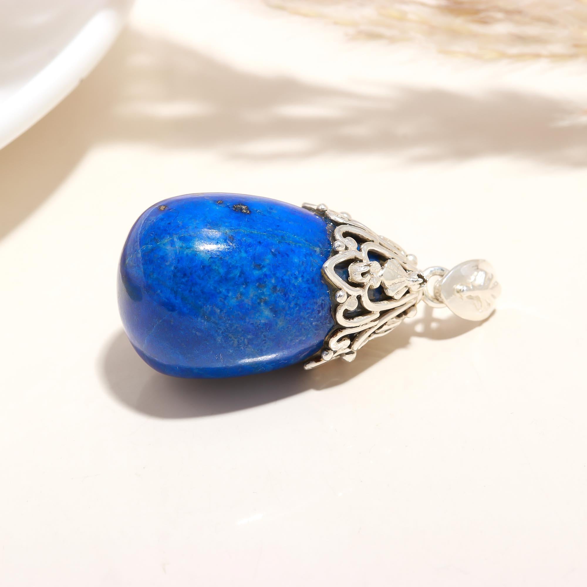 The Royal Drop: Lapis Lazuli Tumble Filigree Cap Silver Pendant