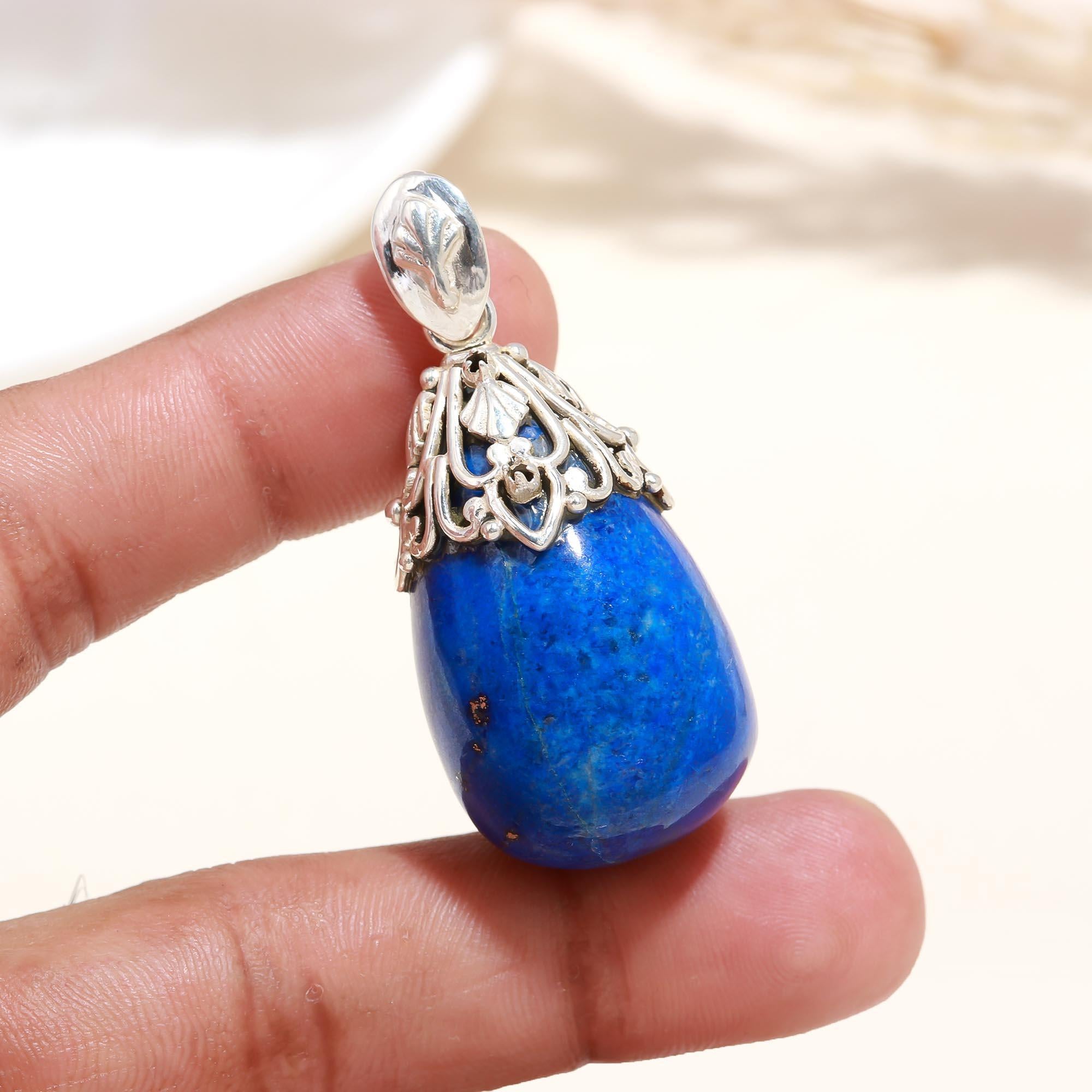 The Royal Drop: Lapis Lazuli Tumble Filigree Cap Silver Pendant