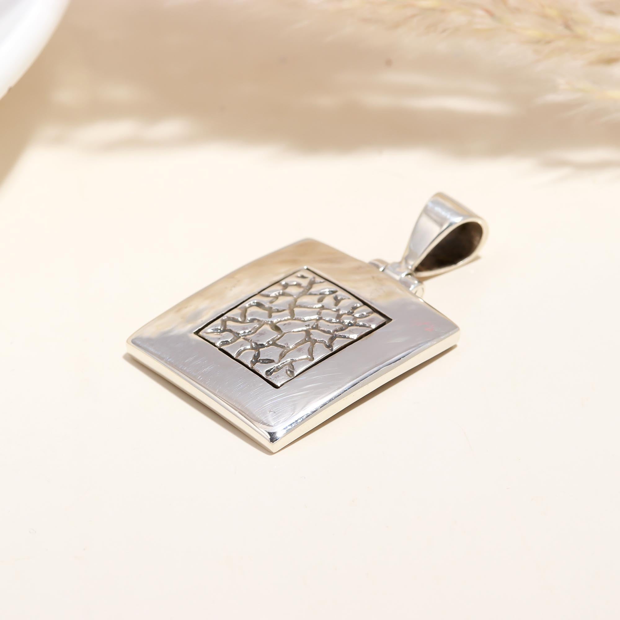 The Stone Tile: Hammered Crackle Texture Square Silver Pendant
