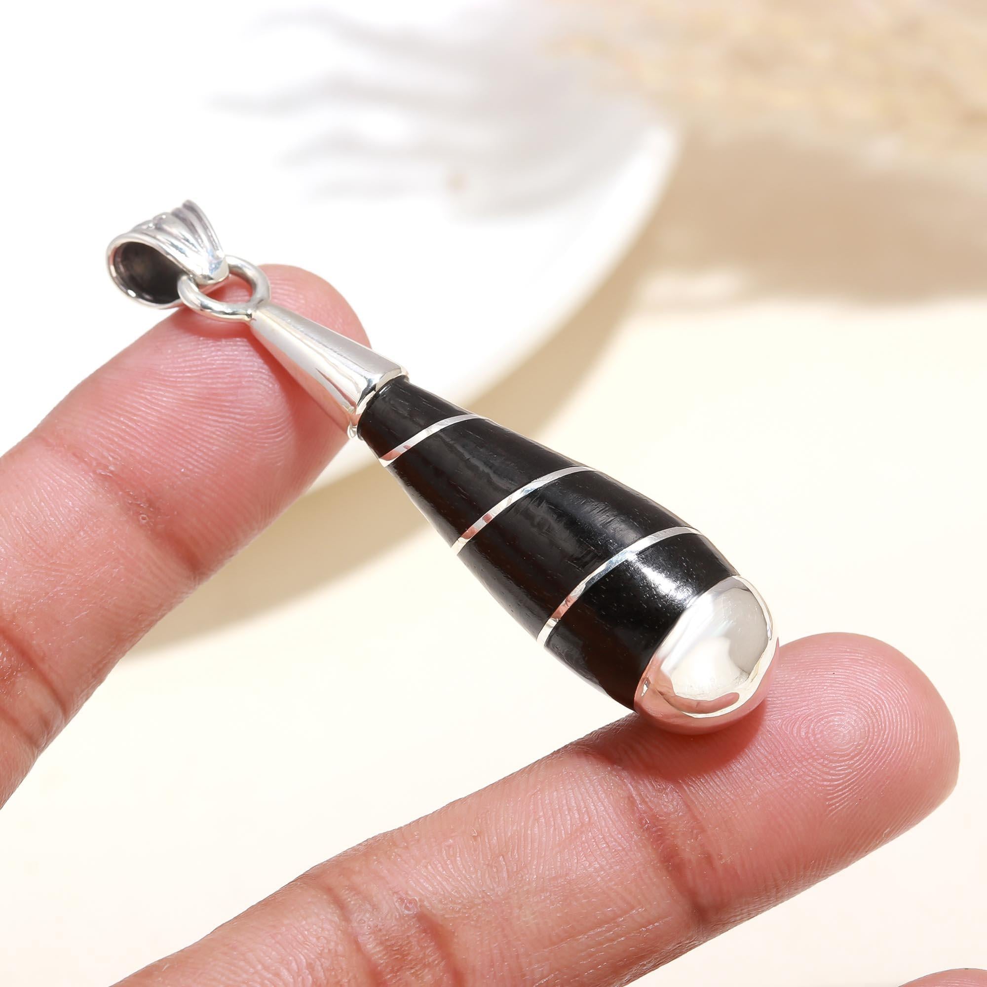 The Black Torpedo: Ebony Wood & Silver Stripe Teardrop Pendant