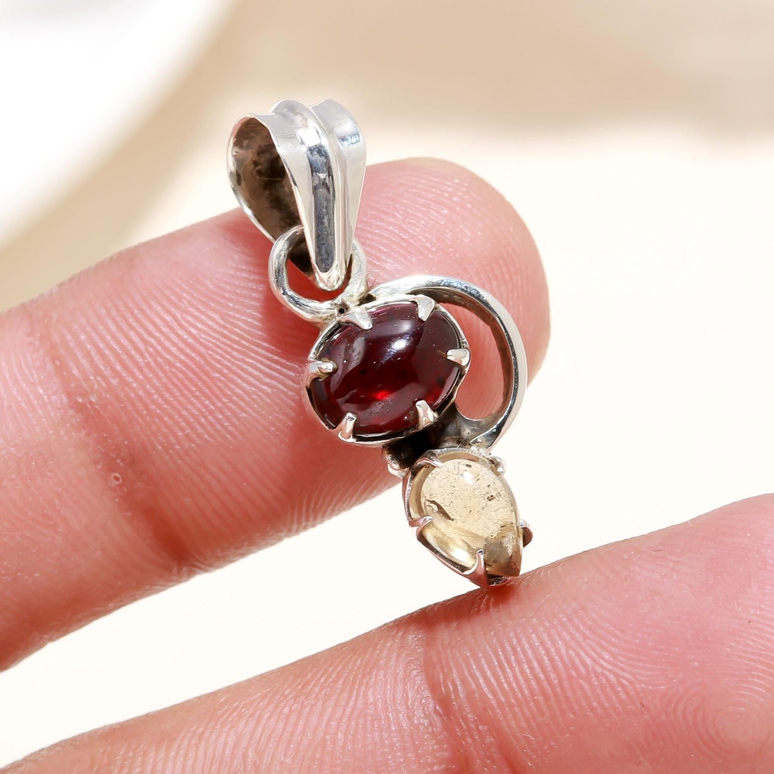 The Fire & Gold: Garnet & Citrine Duo Scroll Silver Pendant