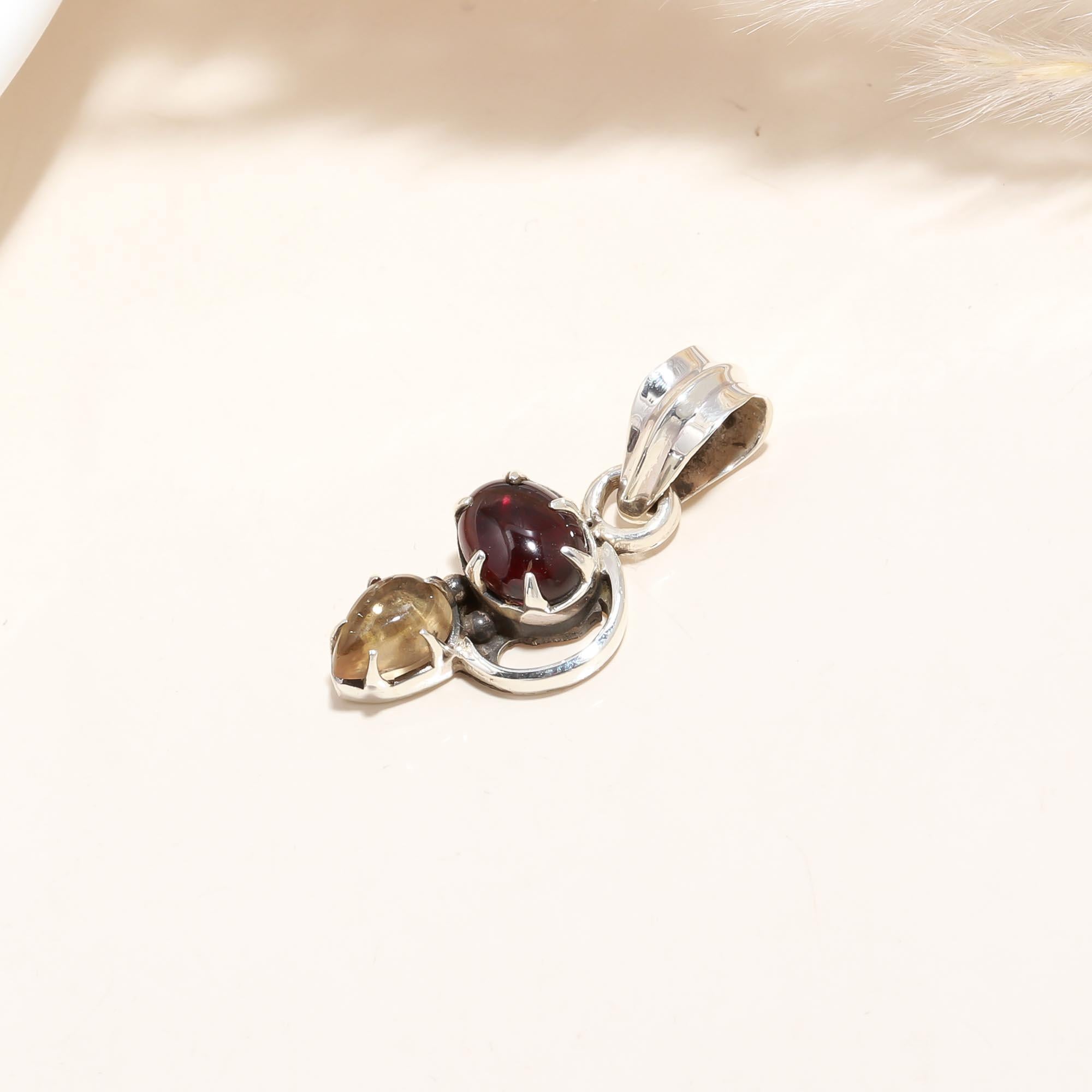 The Fire & Gold: Garnet & Citrine Duo Scroll Silver Pendant
