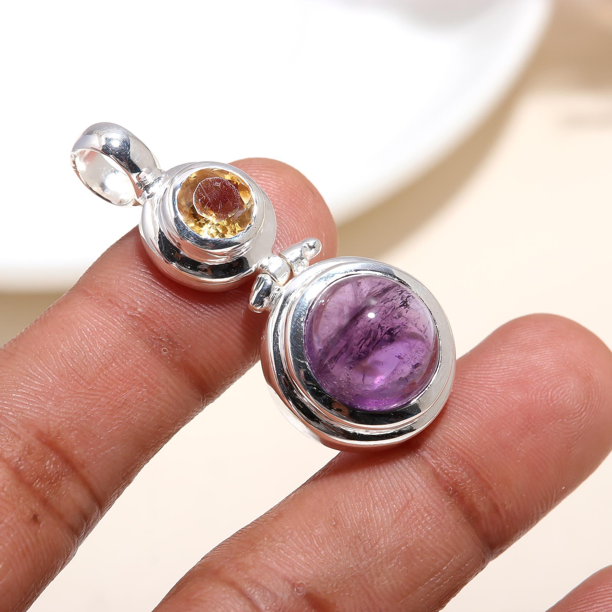 The Sun & Moon: Amethyst & Citrine Stacked Circle Silver Pendant