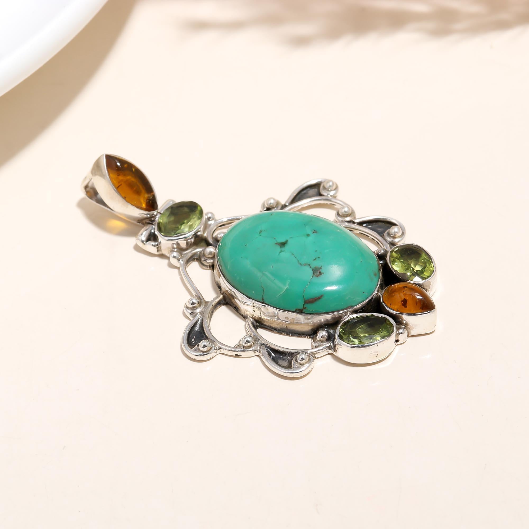 The Turquoise Victorian Pendant: Turquoise & Multi-Gem Ornate Pendant