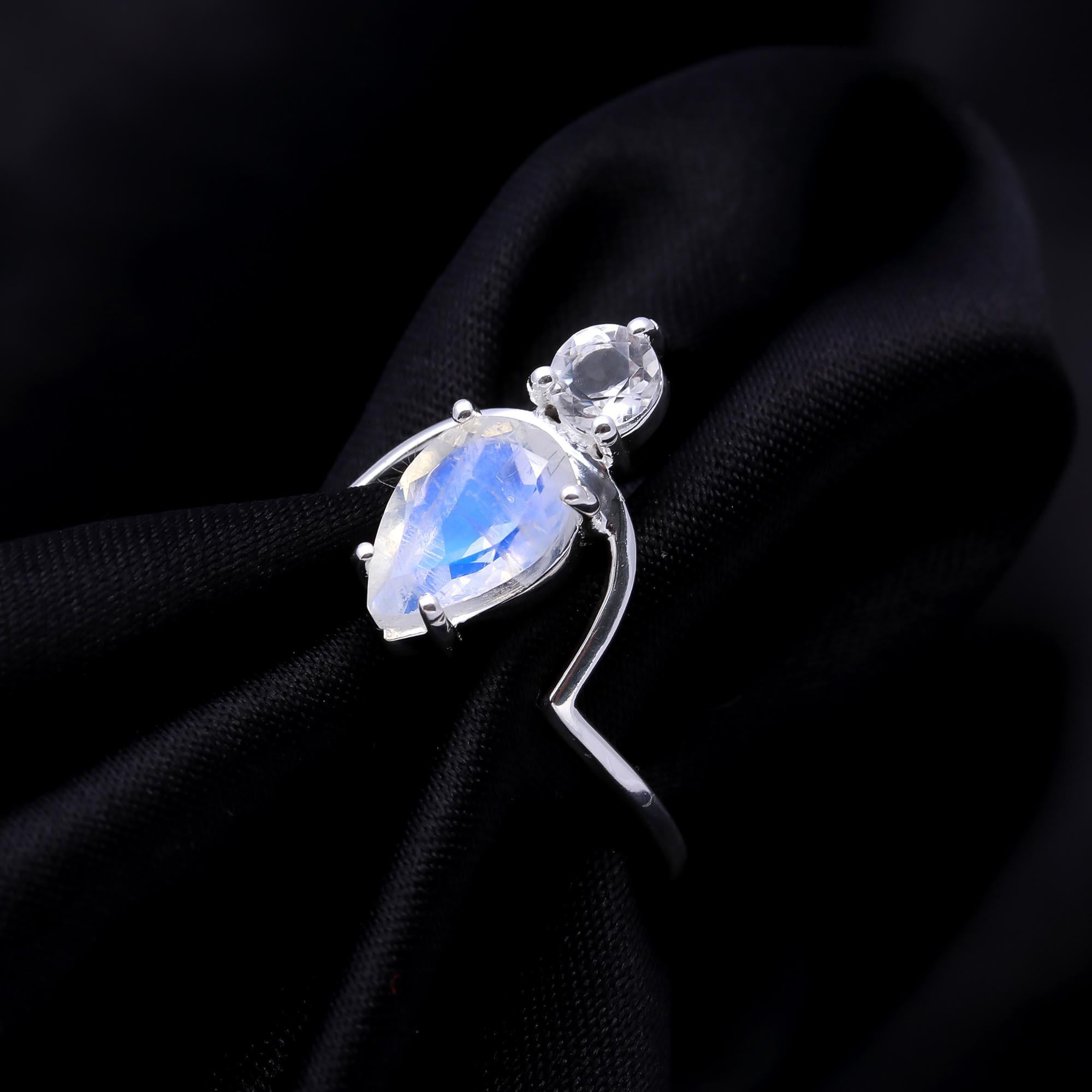 The Floating Drop Ring: Pear Moonstone & Topaz Open Ring