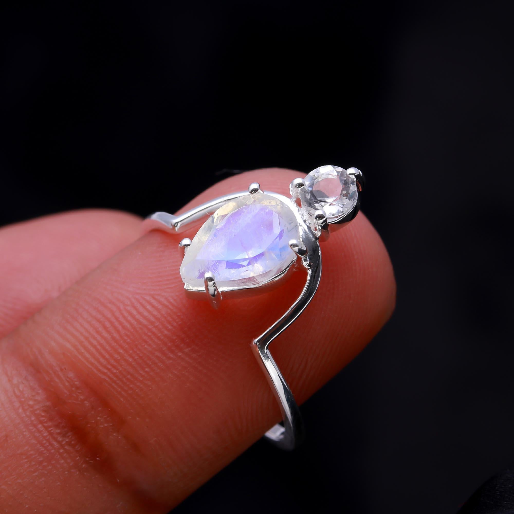 The Floating Drop Ring: Pear Moonstone & Topaz Open Ring