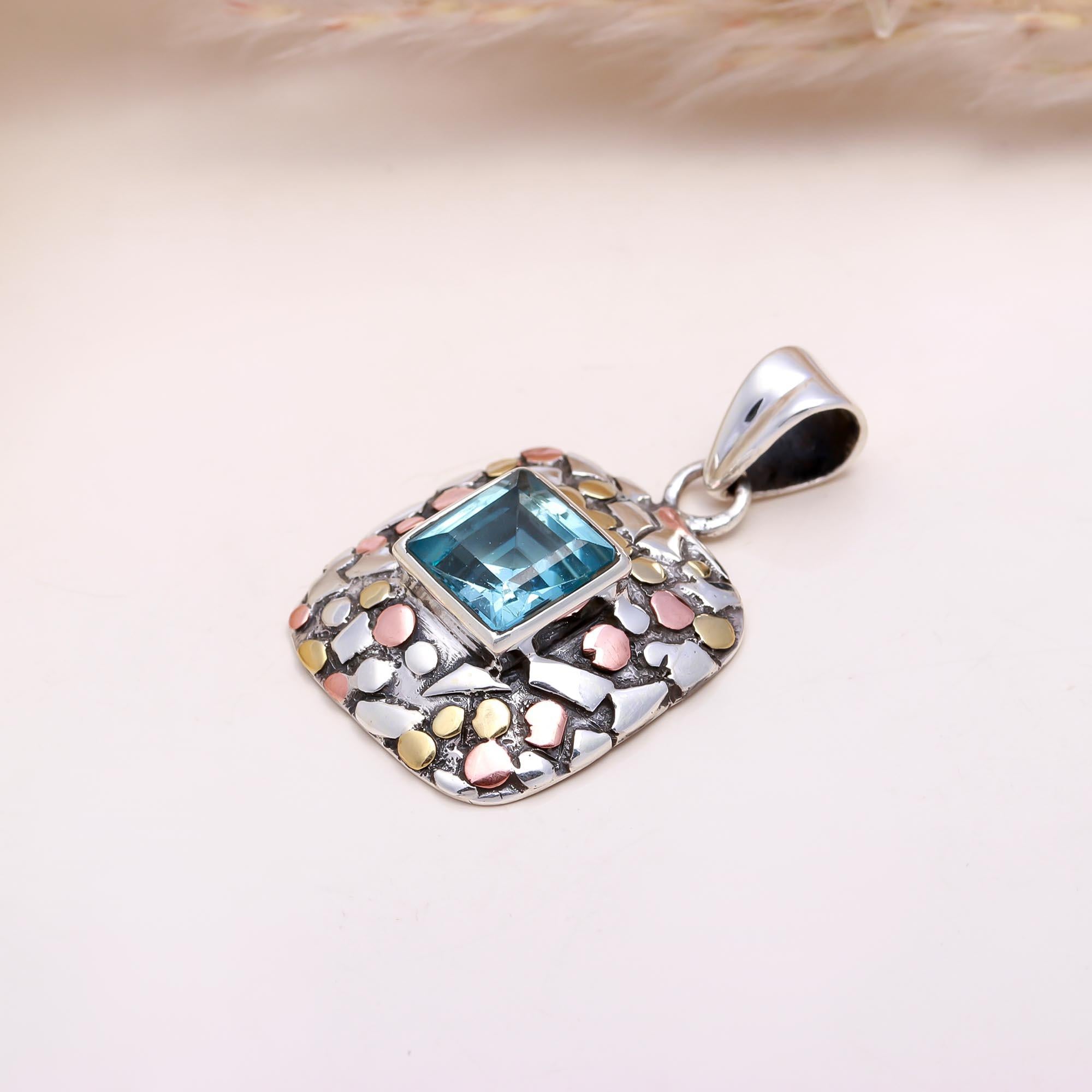 The Mosaic Square: Blue Topaz Mixed Metal Pendant