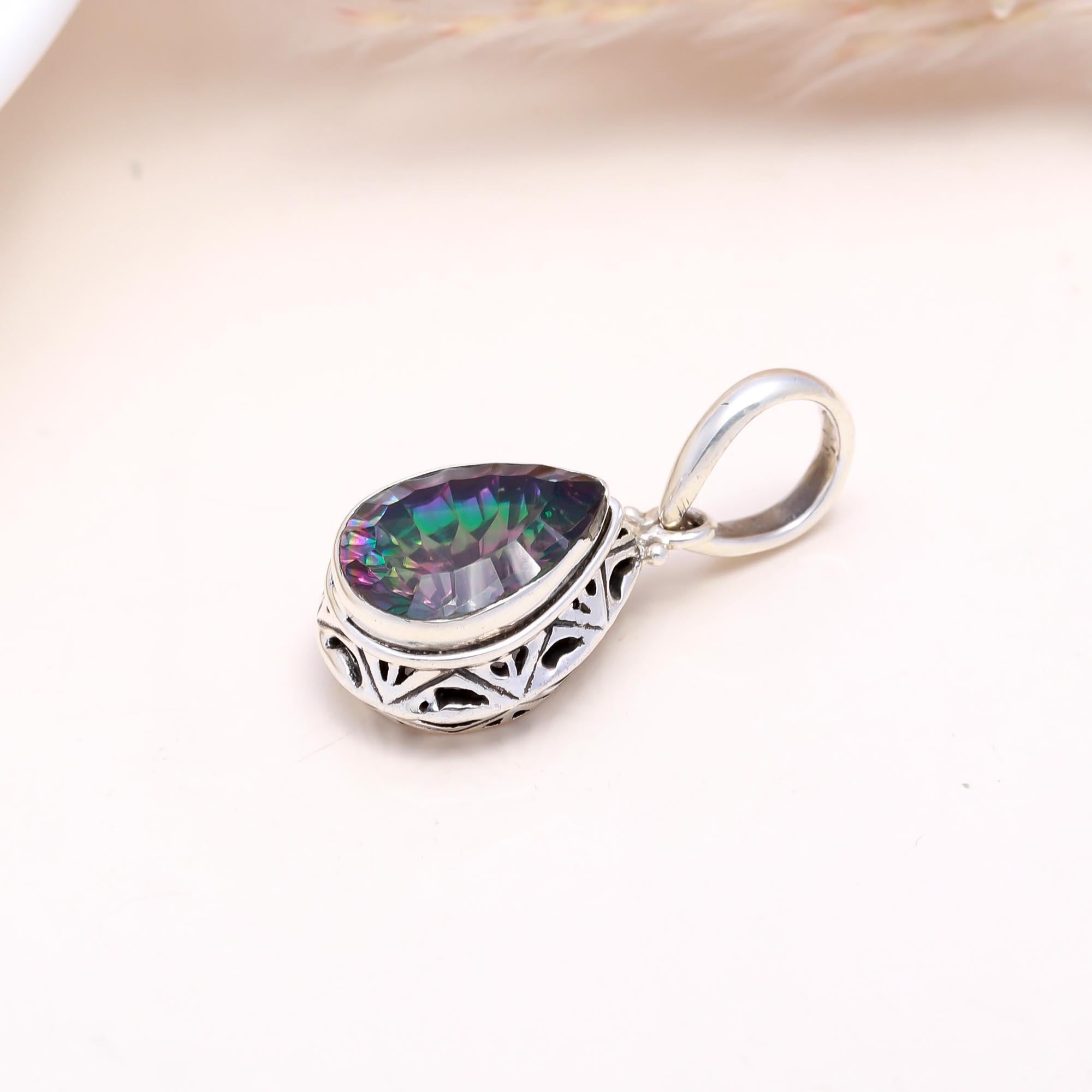 The Rainbow Tear: Mystic Topaz Filigree Pendant