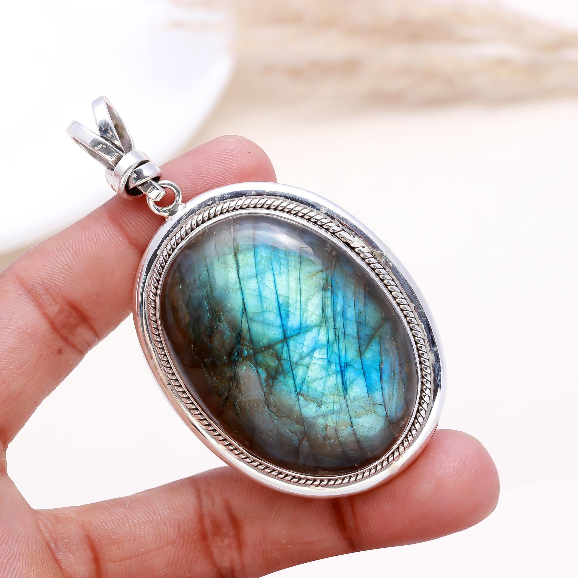 The Deep Ocean: Large Oval Labradorite Rope Pendant