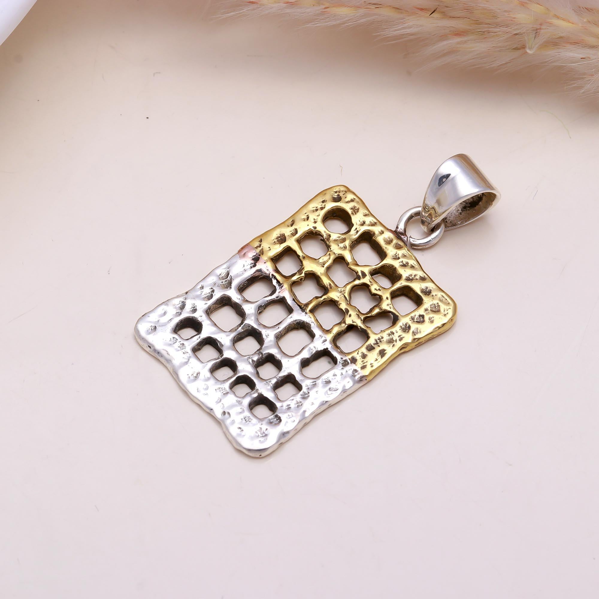 The Rustic Grid: Hammered Two-Tone Lattice Pendant