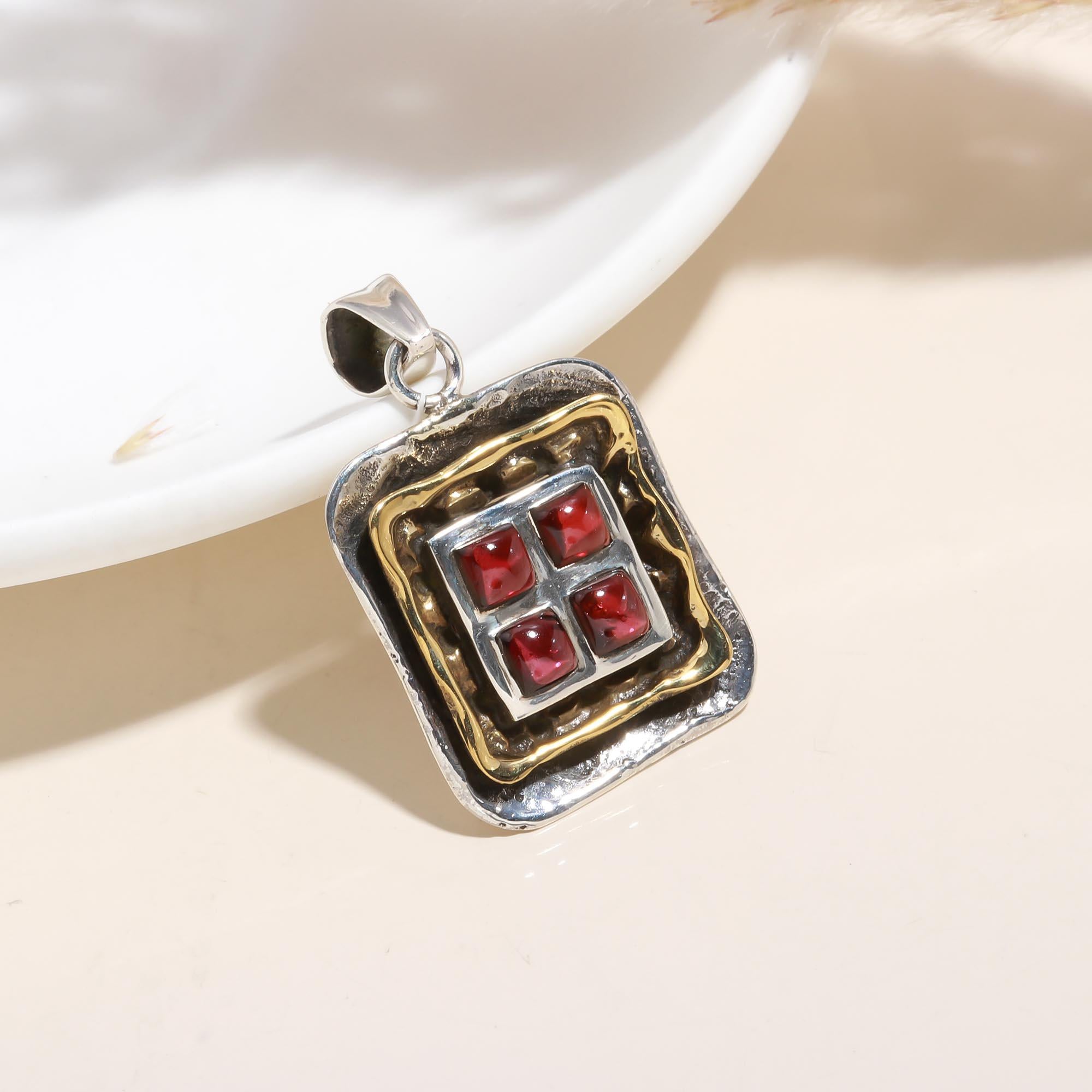 The Garnet Mosaic: Geometric Mixed Metal Pendant