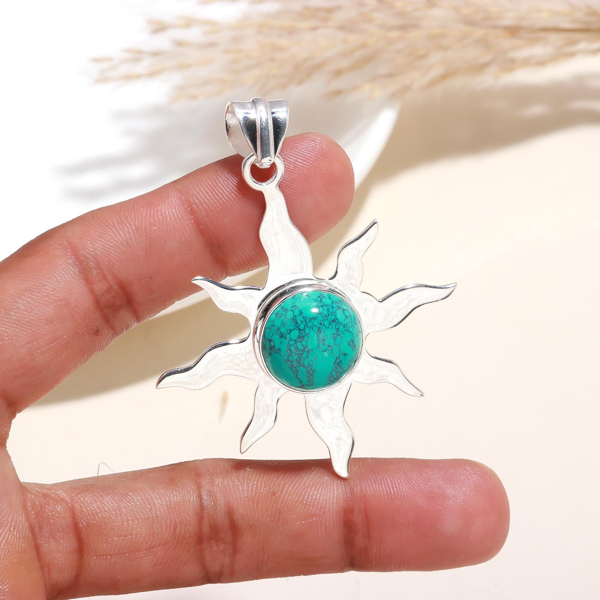 The Celestial Sun: Turquoise Ray Silver Pendant