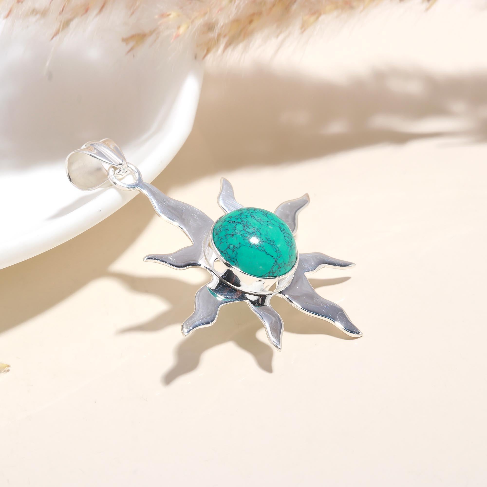 The Celestial Sun: Turquoise Ray Silver Pendant