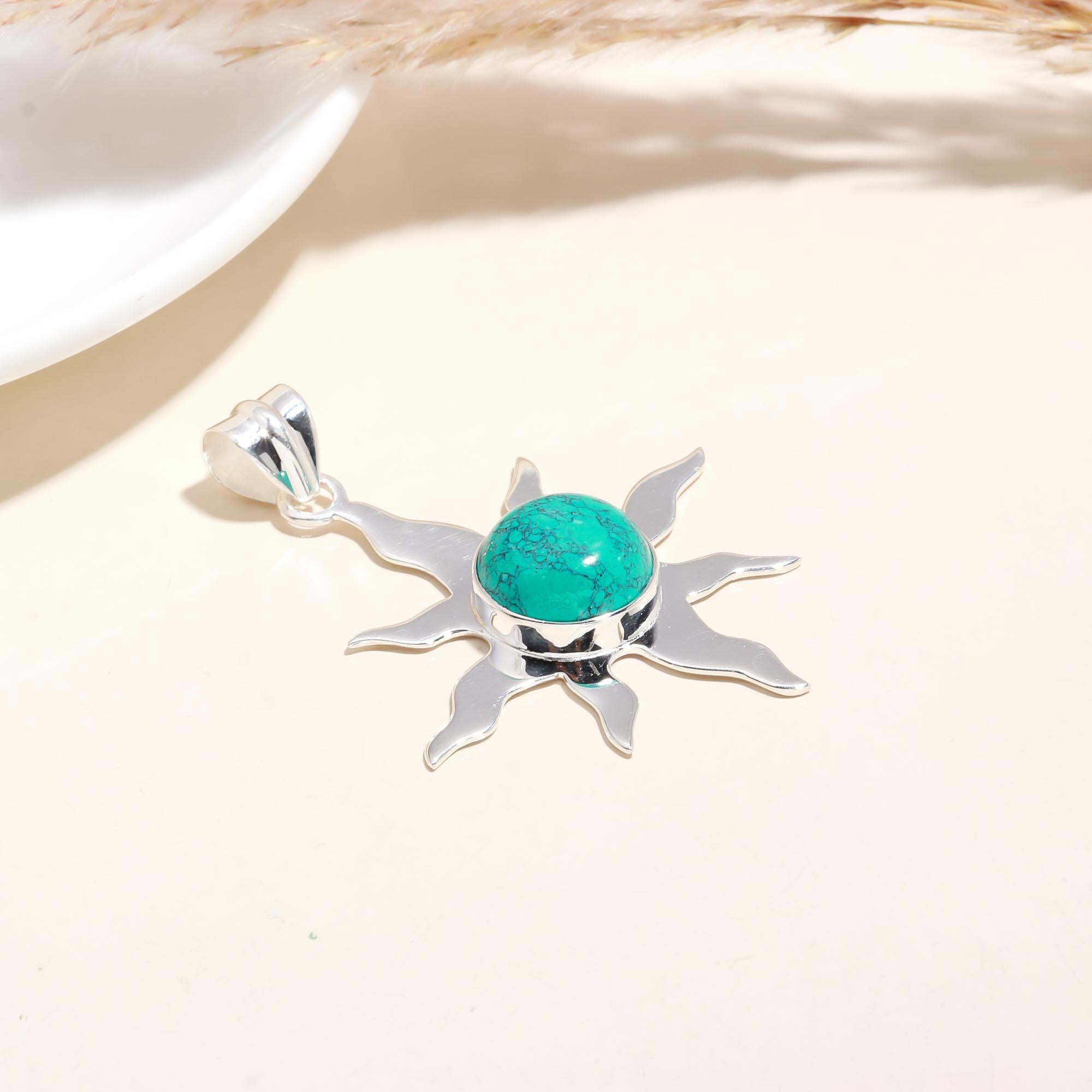 The Celestial Sun: Turquoise Ray Silver Pendant