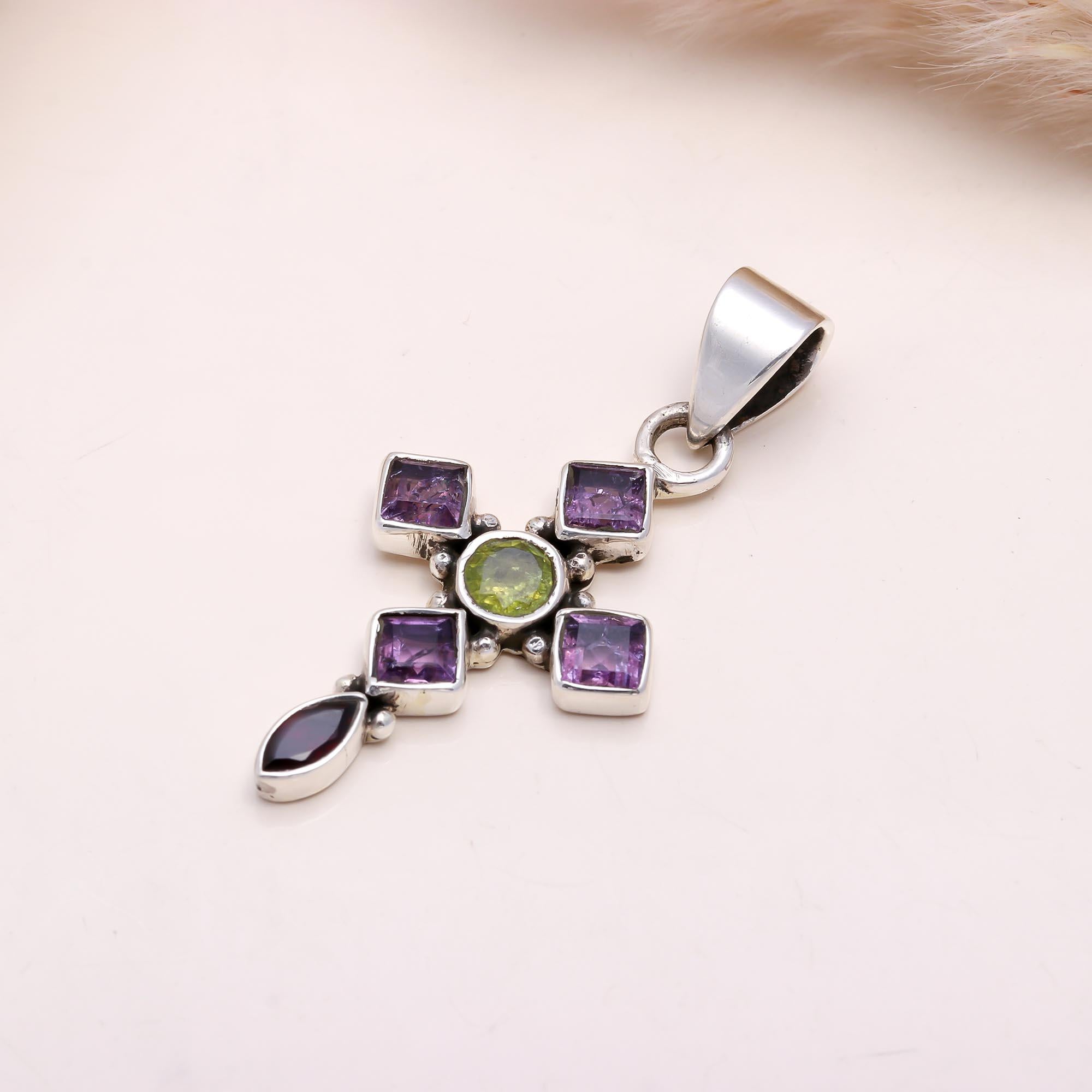 The Multi-Gem Cross: Amethyst, Peridot & Garnet Pendant