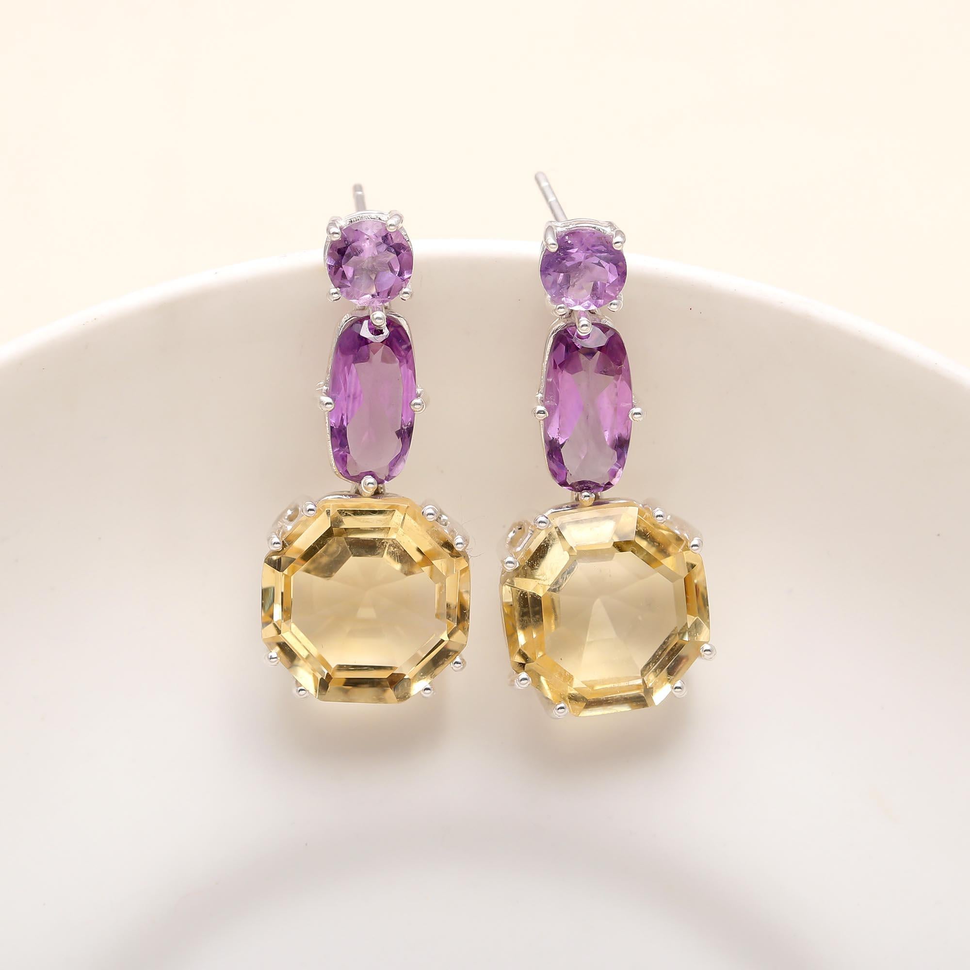 925 Silver Amethyst and Citrine Drop Earrings
