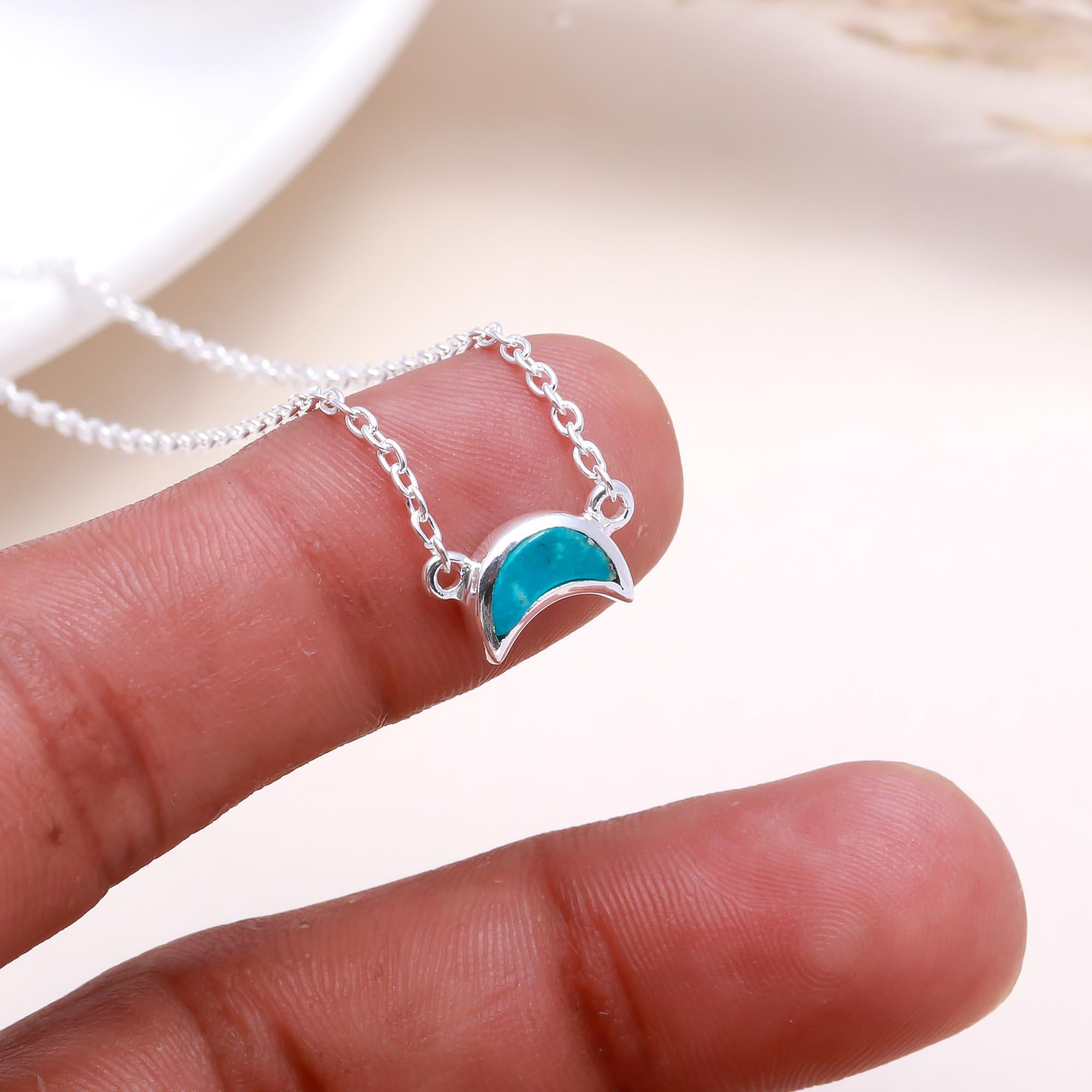 The Turquoise Moon: Dainty Crescent Inlay Silver Necklace
