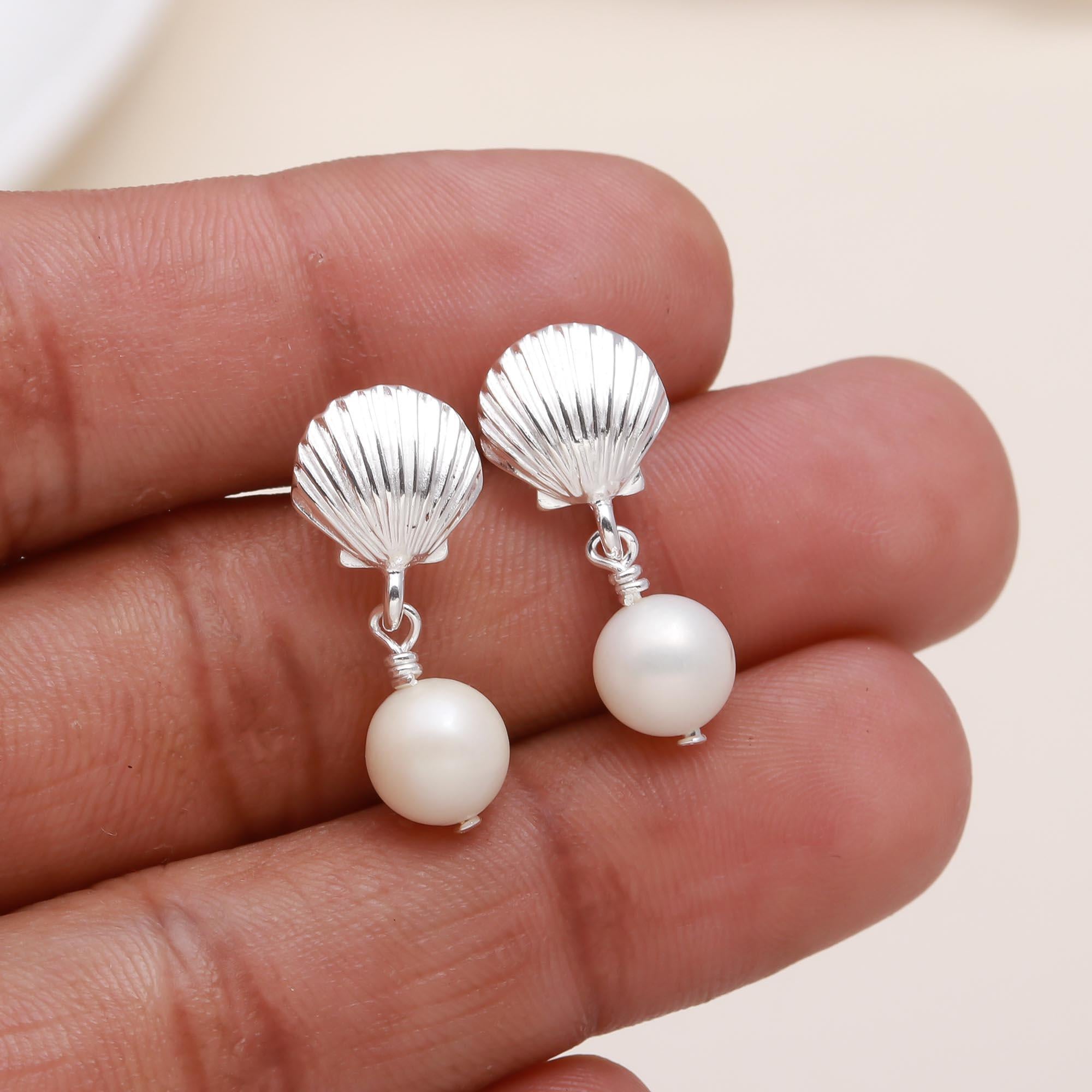 The Coastal Charm: Silver Shell & Pearl Drop Earrings