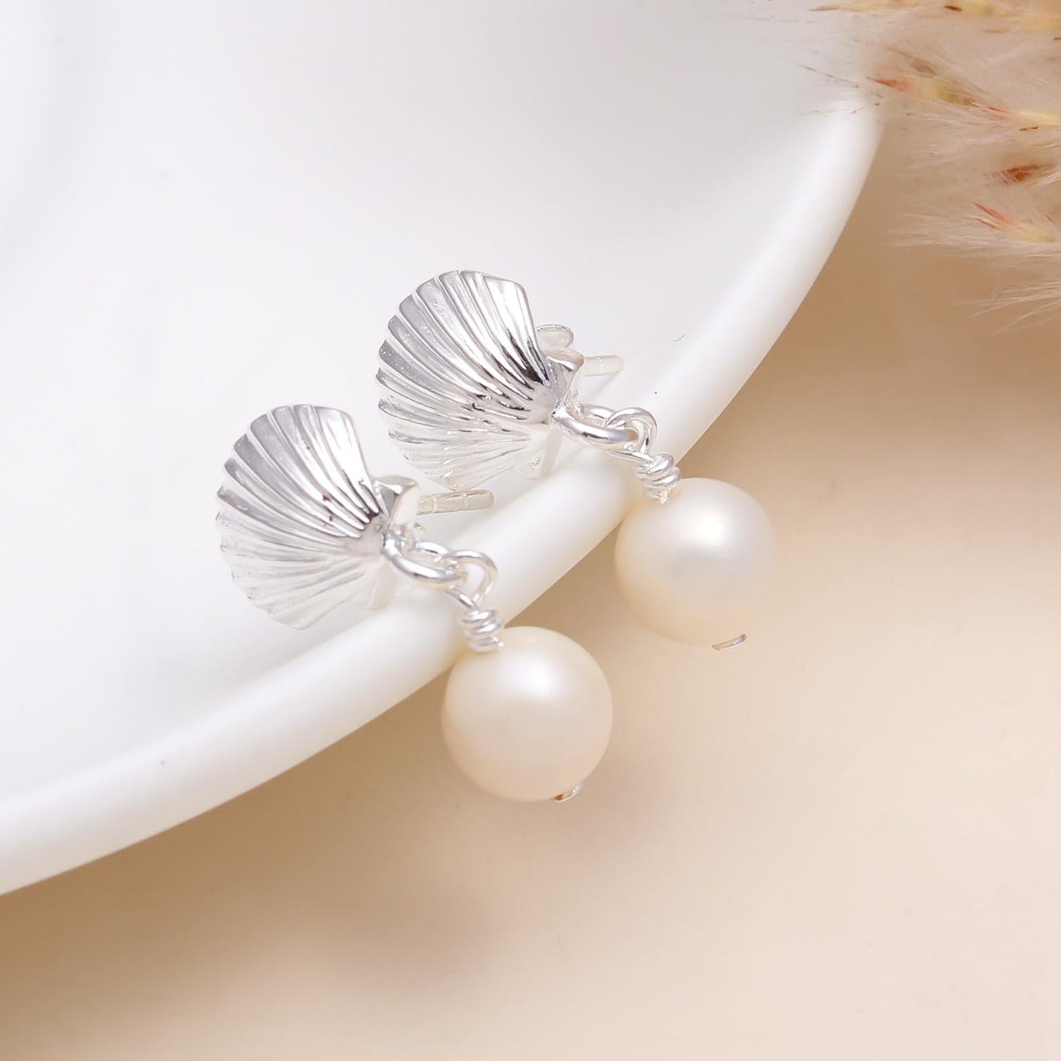 The Coastal Charm: Silver Shell & Pearl Drop Earrings