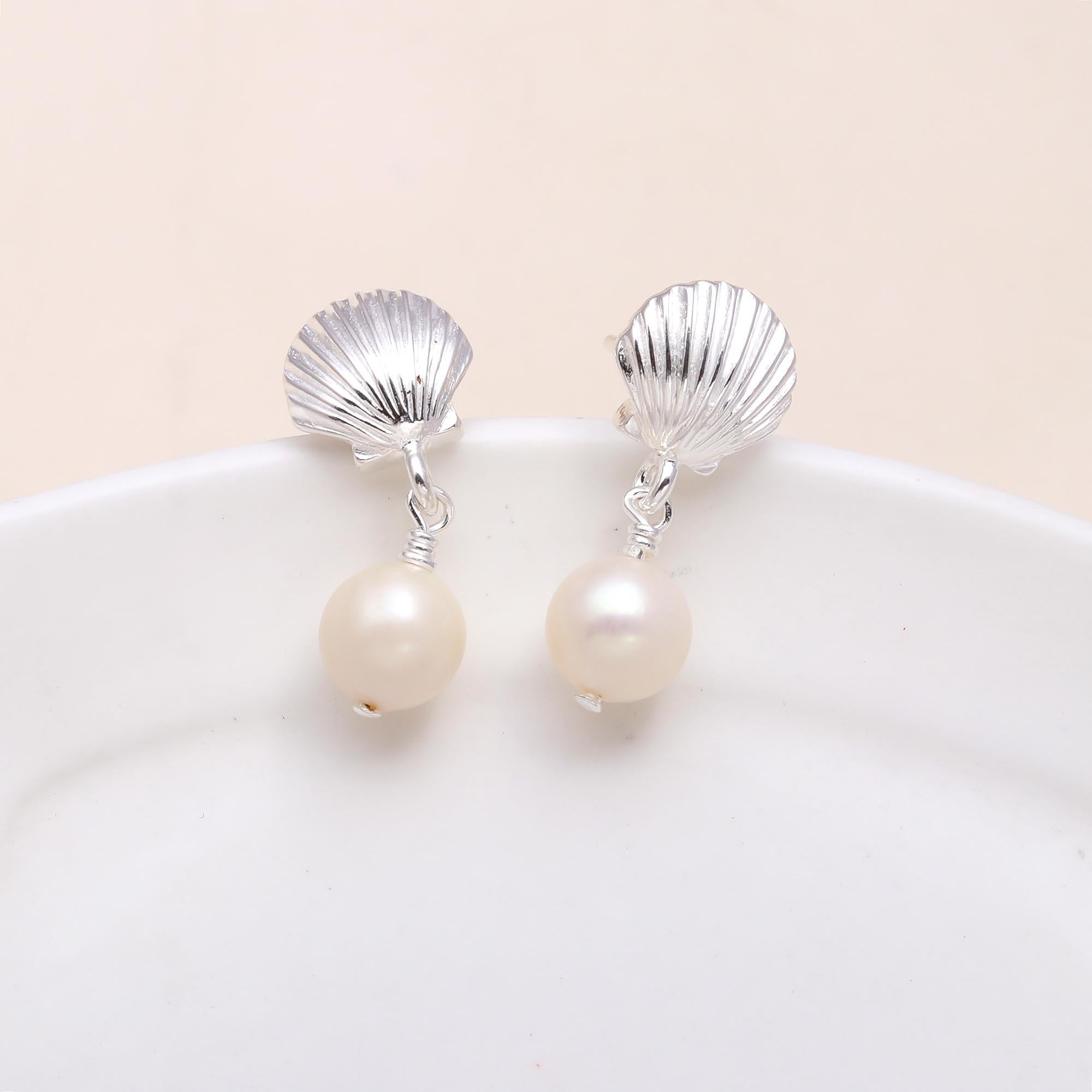 The Coastal Charm: Silver Shell & Pearl Drop Earrings