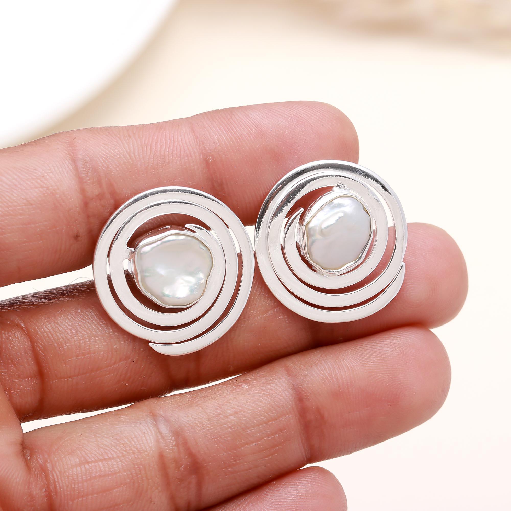 925 Sterling Silver Modern Spiral Pearl Earrings