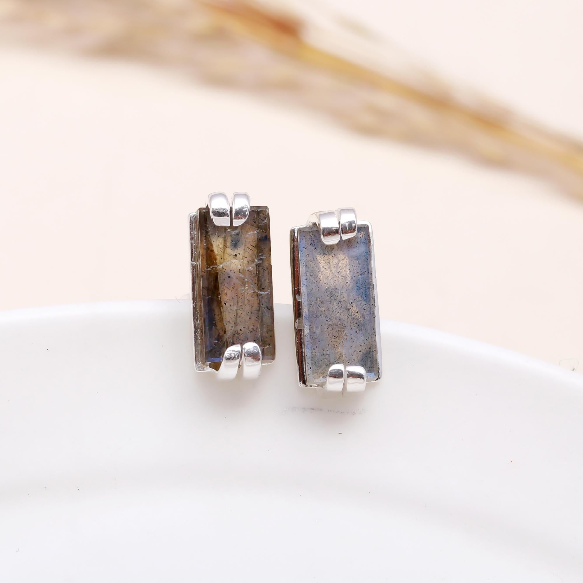 925 Sterling Silver Labradorite Bar Stud Earrings