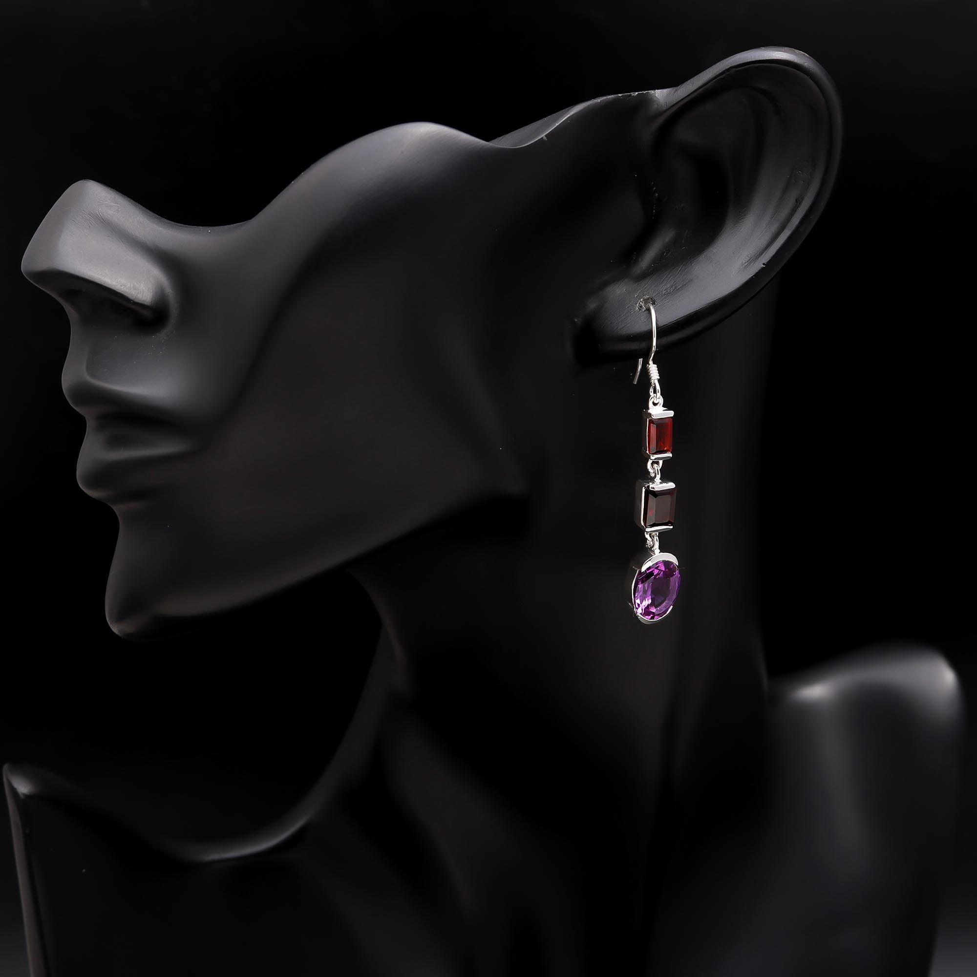 925 Silver Garnet and Amethyst Dangle Earrings