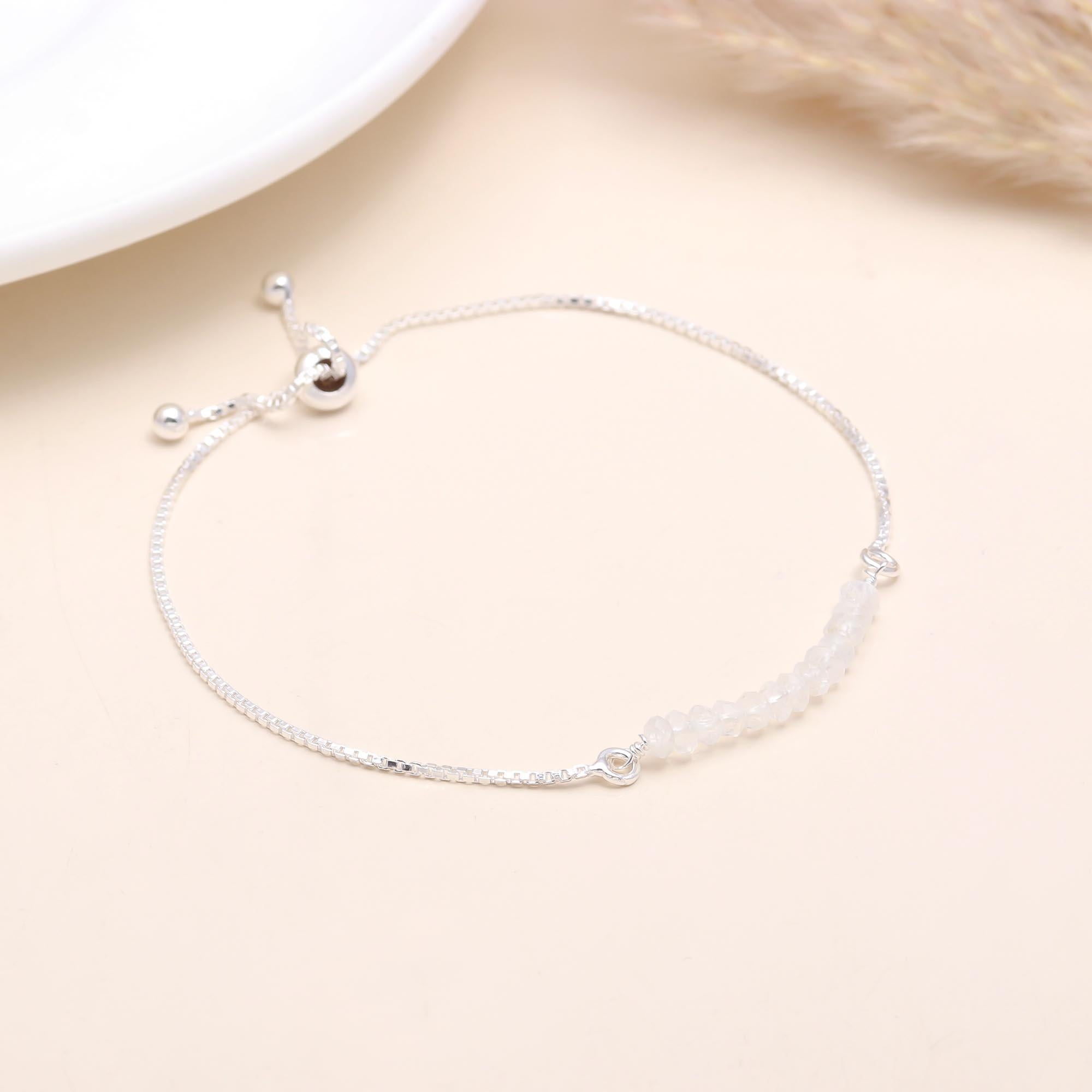 925 Sterling Silver Moonstone Adjustable Beaded Bracelet