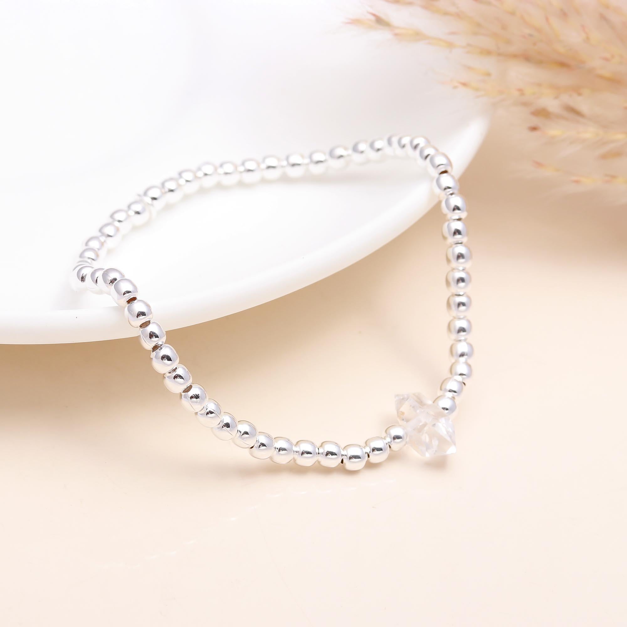 925 Sterling Silver Beaded Stretch Bracelet with Crystal Star