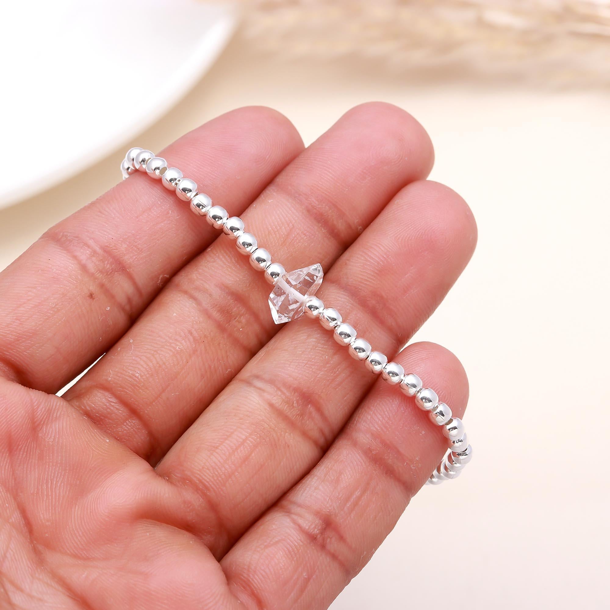 925 Sterling Silver Beaded Stretch Bracelet with Crystal Star