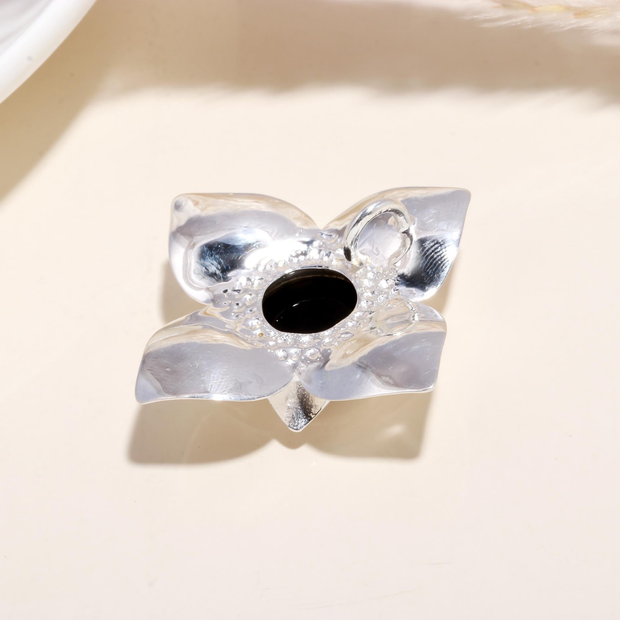 925 Sterling Silver Black Onyx Floral Statement Ring