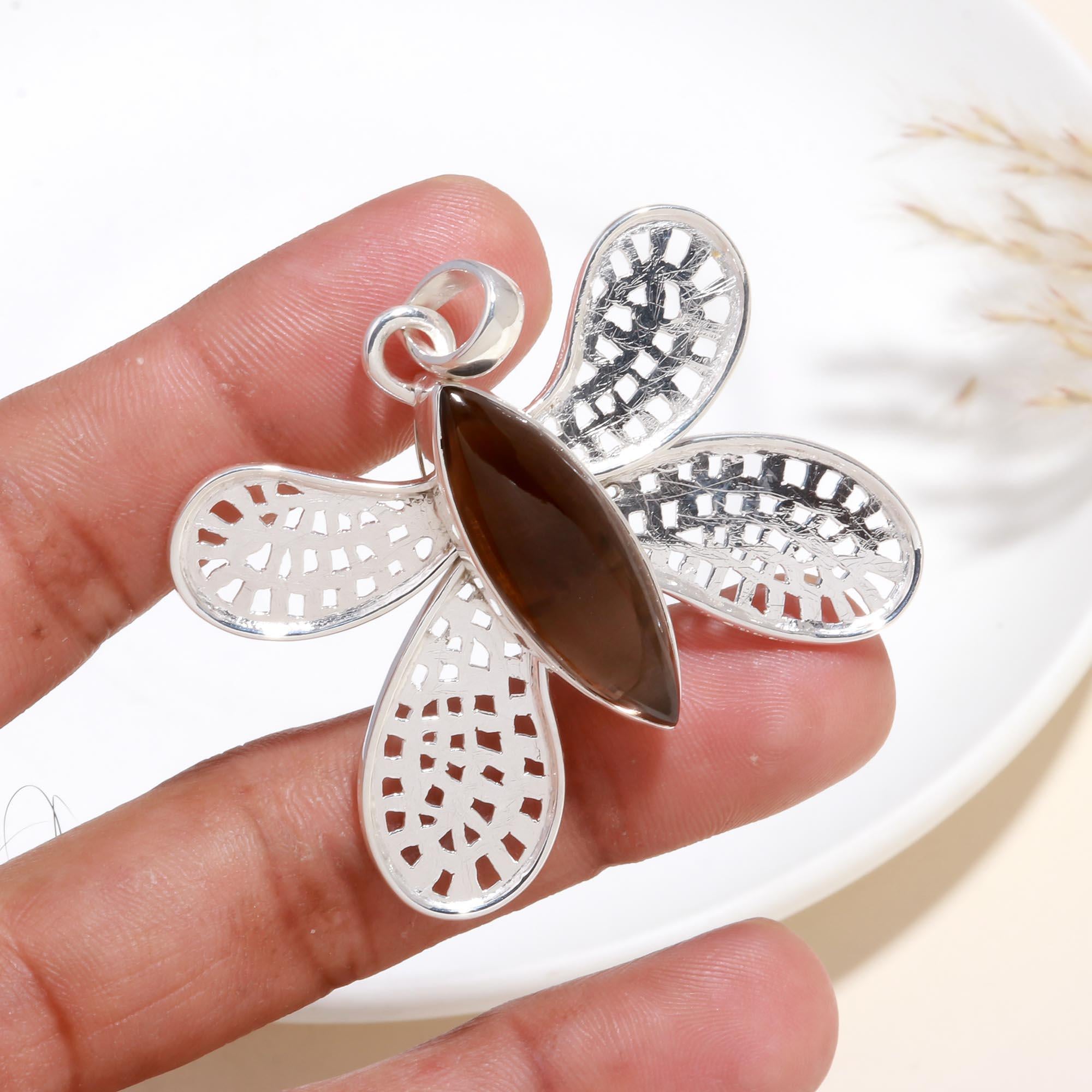925 Sterling Silver Smoky Quartz Butterfly Pendant