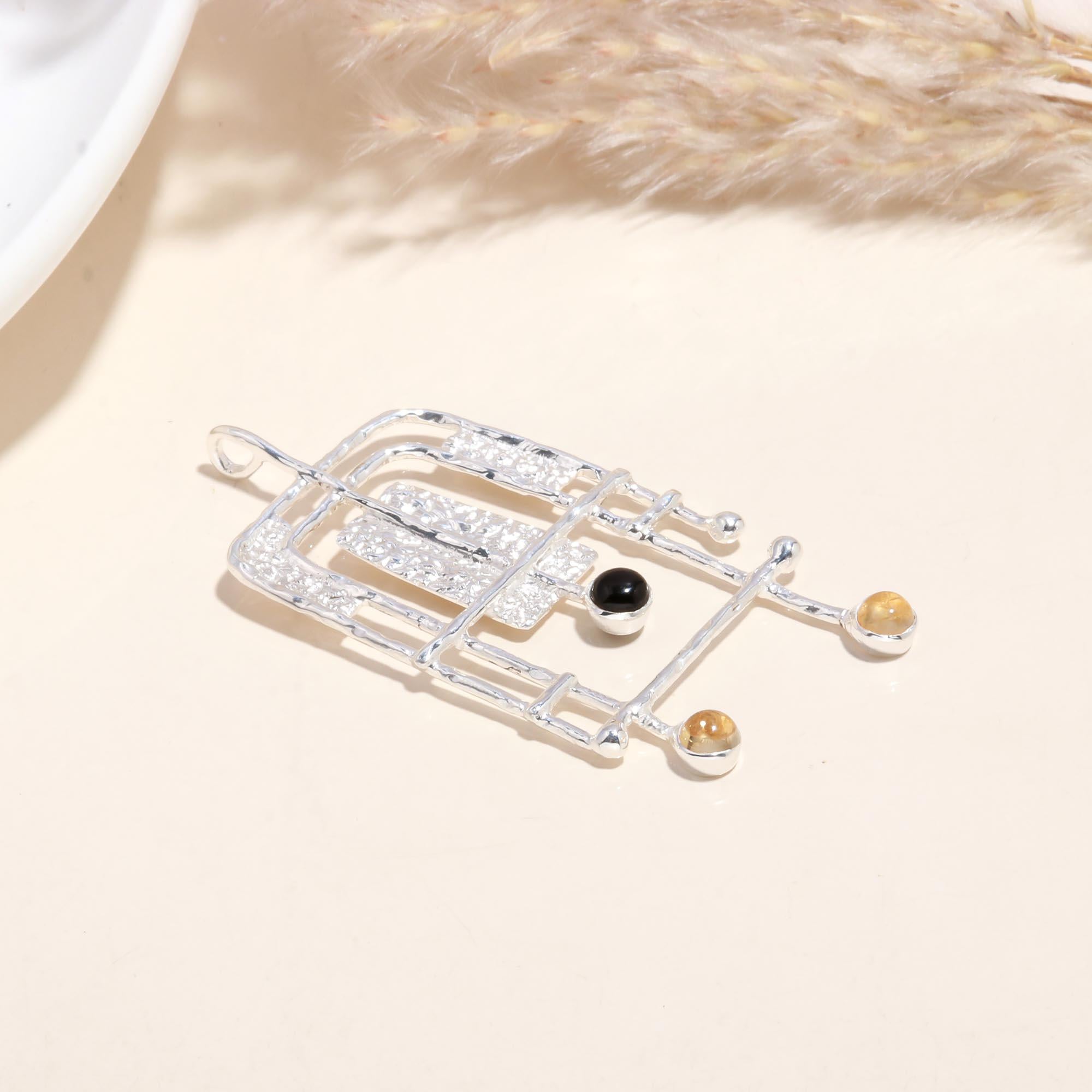 925 Sterling Silver Onyx & Citrine Abstract Geometric Pendant