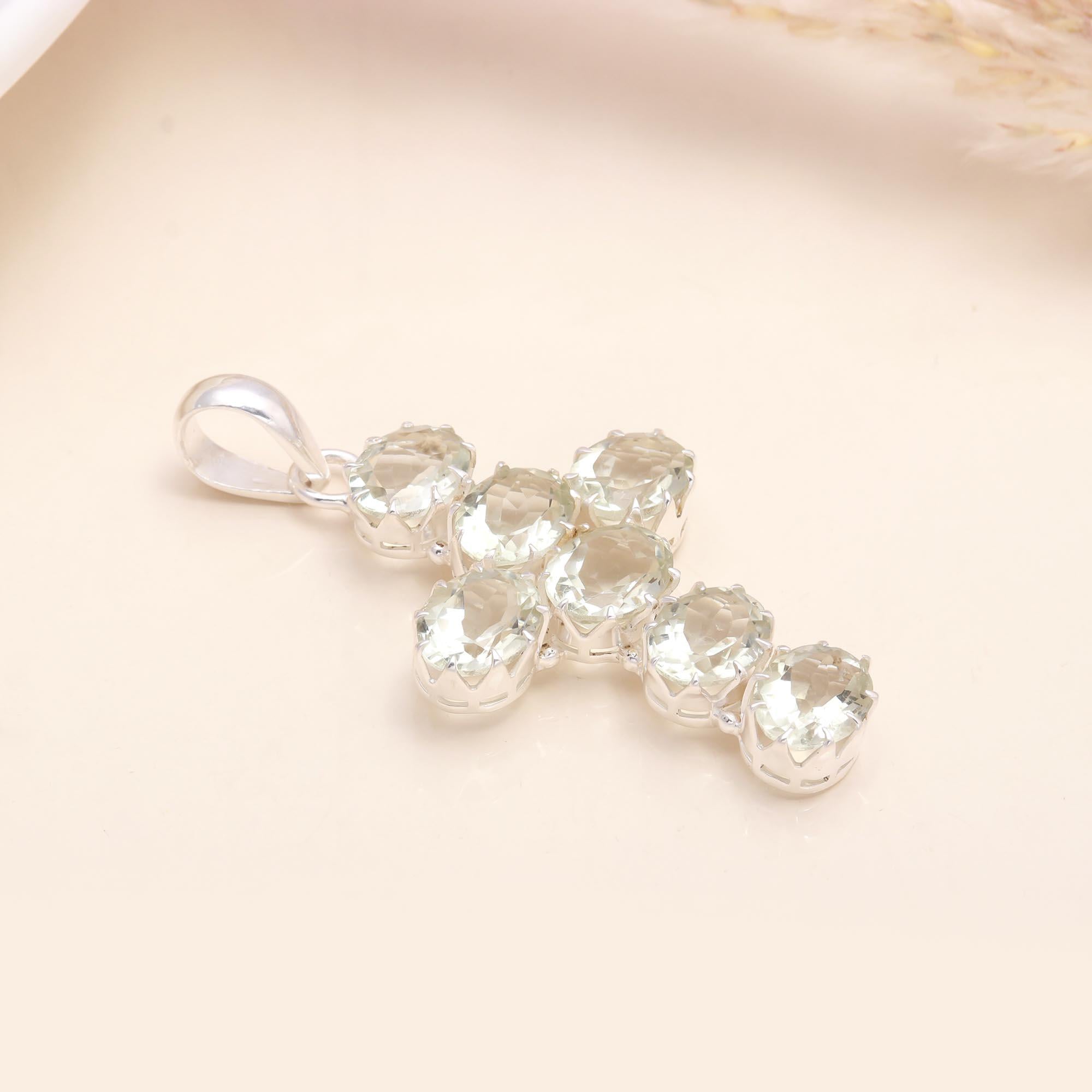 925 Sterling Silver Green Amethyst Cross Pendant