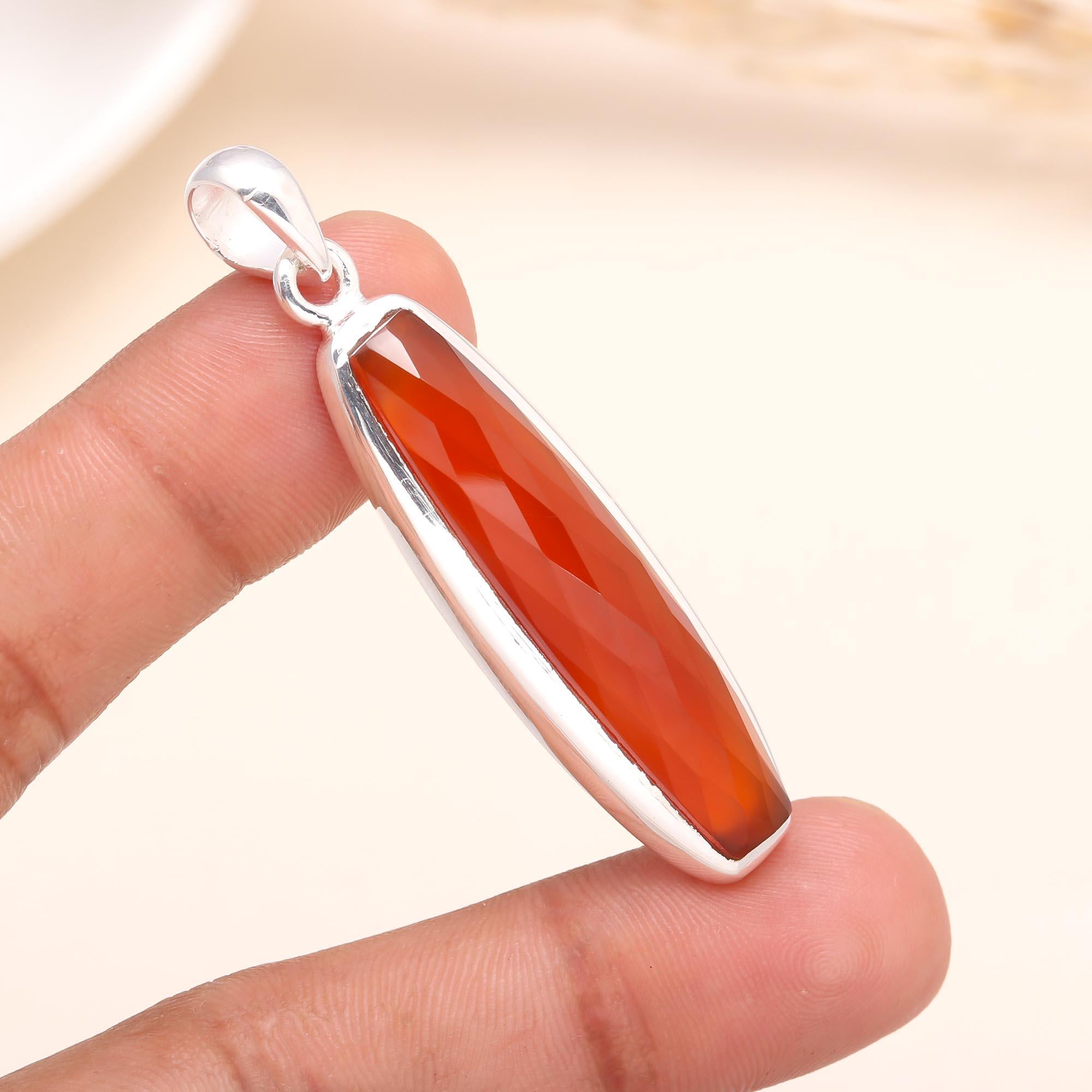 925 Sterling Silver Faceted Carnelian Pendant