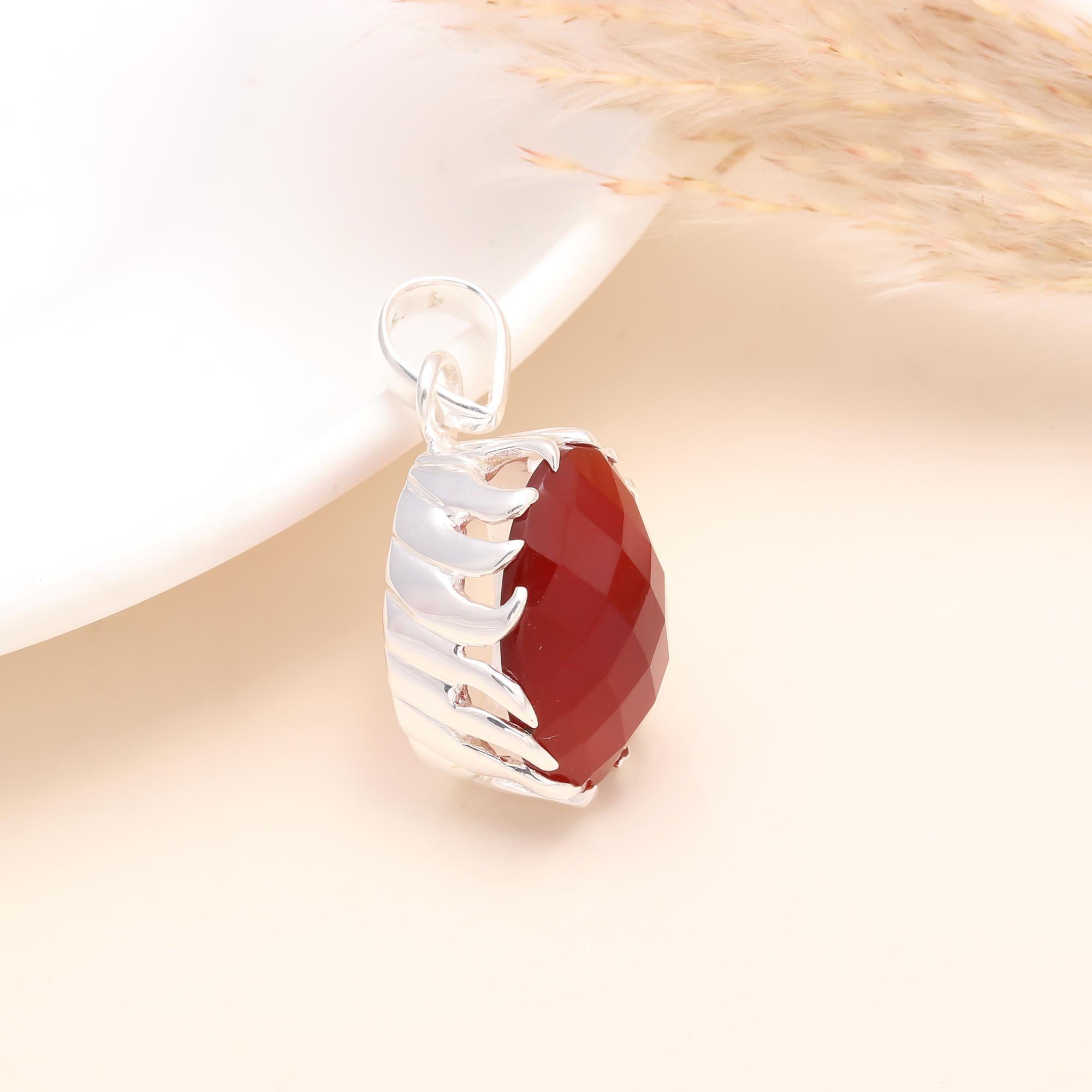 925 Sterling Silver Faceted Carnelian Bold Pendant