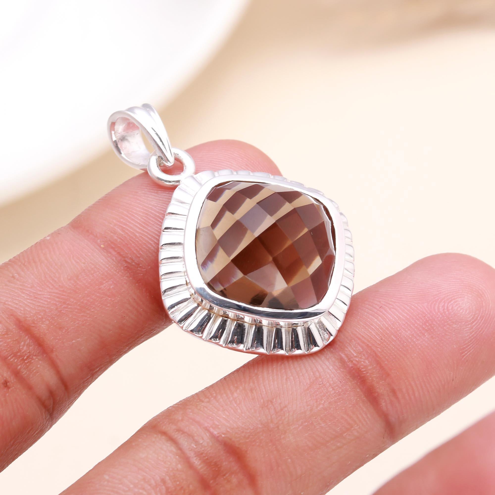 925 Sterling Silver Cushion Cut Smoky Quartz Pendant