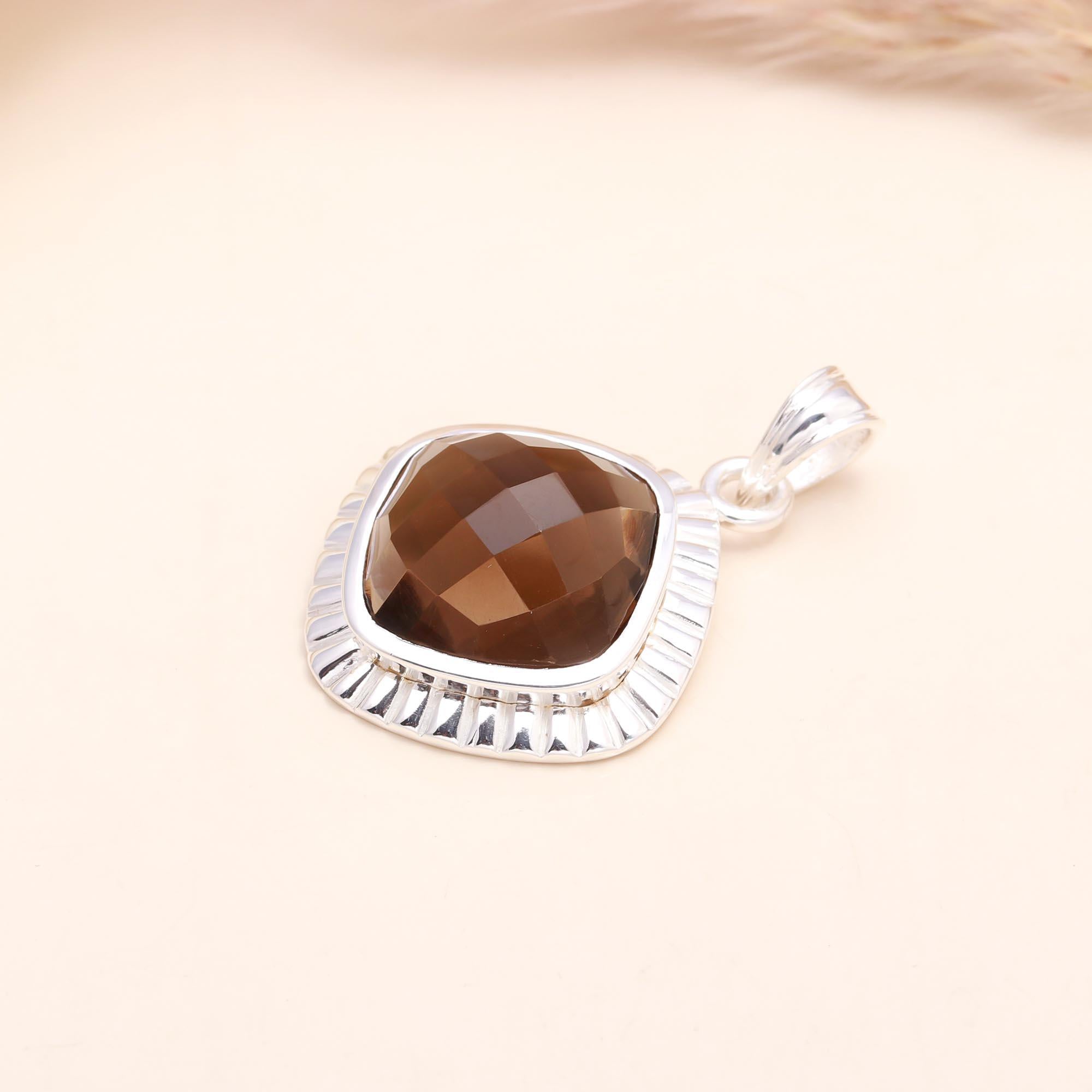 925 Sterling Silver Cushion Cut Smoky Quartz Pendant