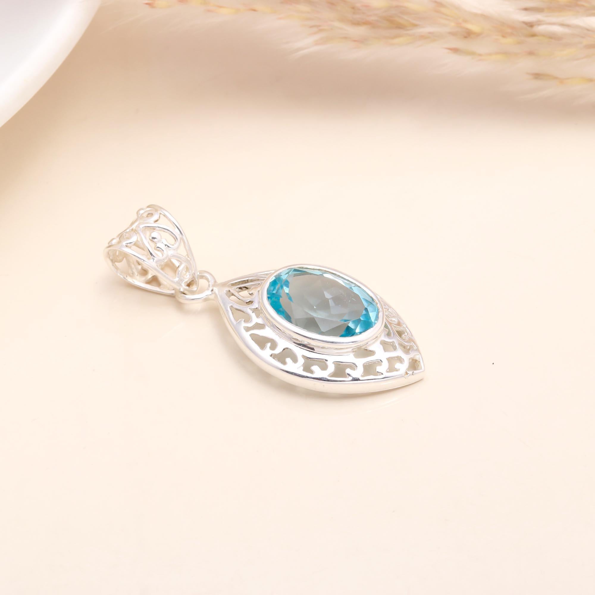 925 Sterling Silver Blue Topaz Filigree Pendant