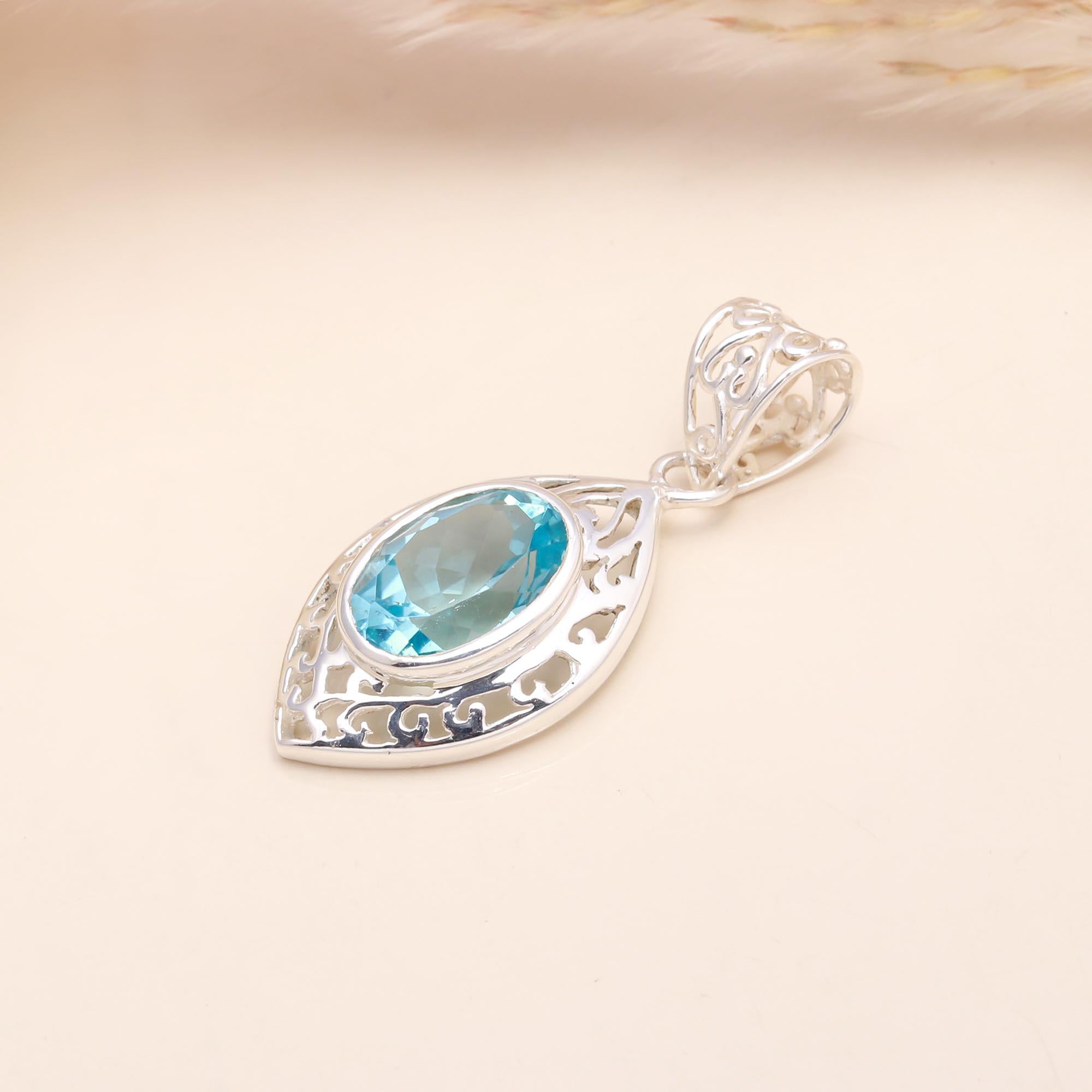 925 Sterling Silver Blue Topaz Filigree Pendant