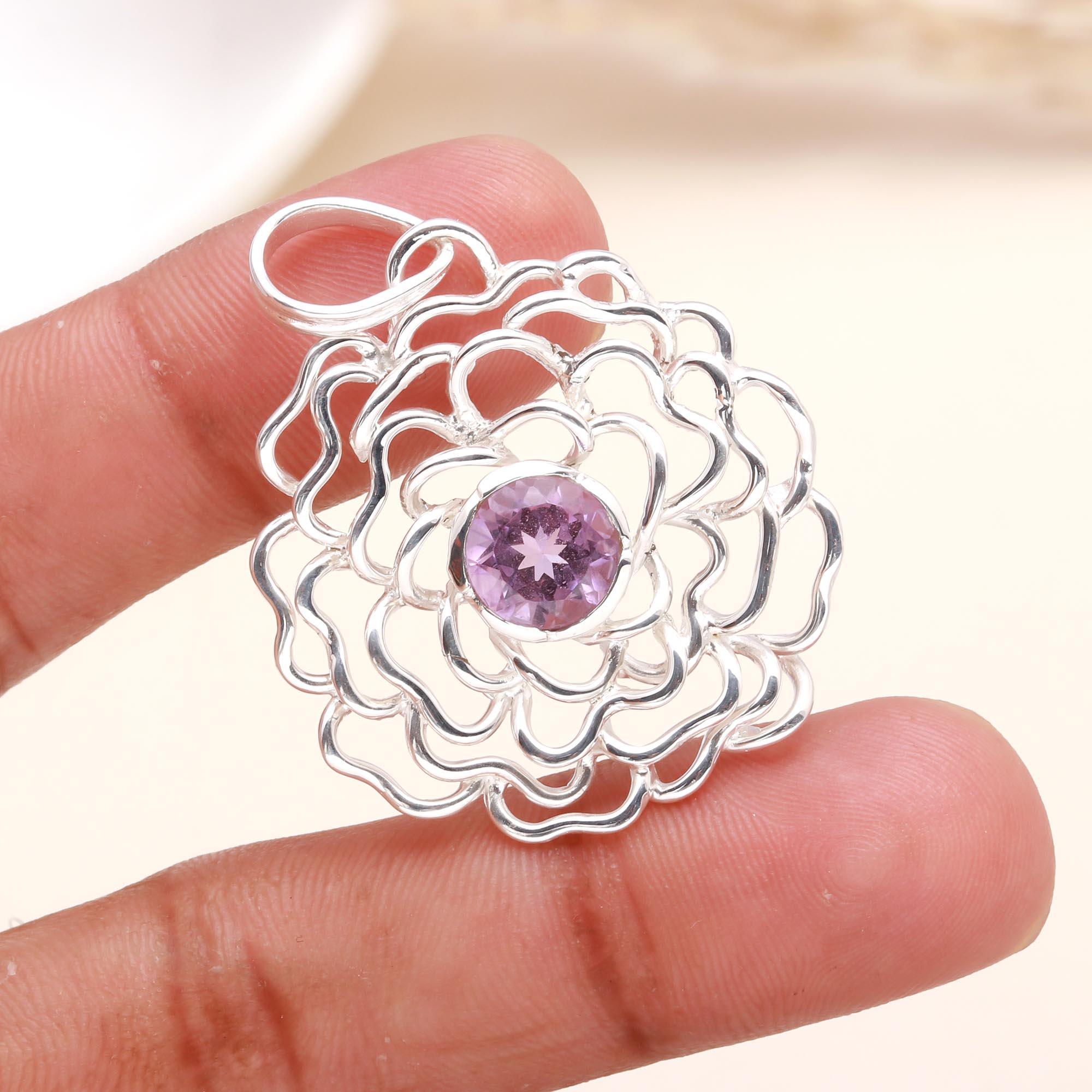 925 Sterling Silver Floral Amethyst Pendant