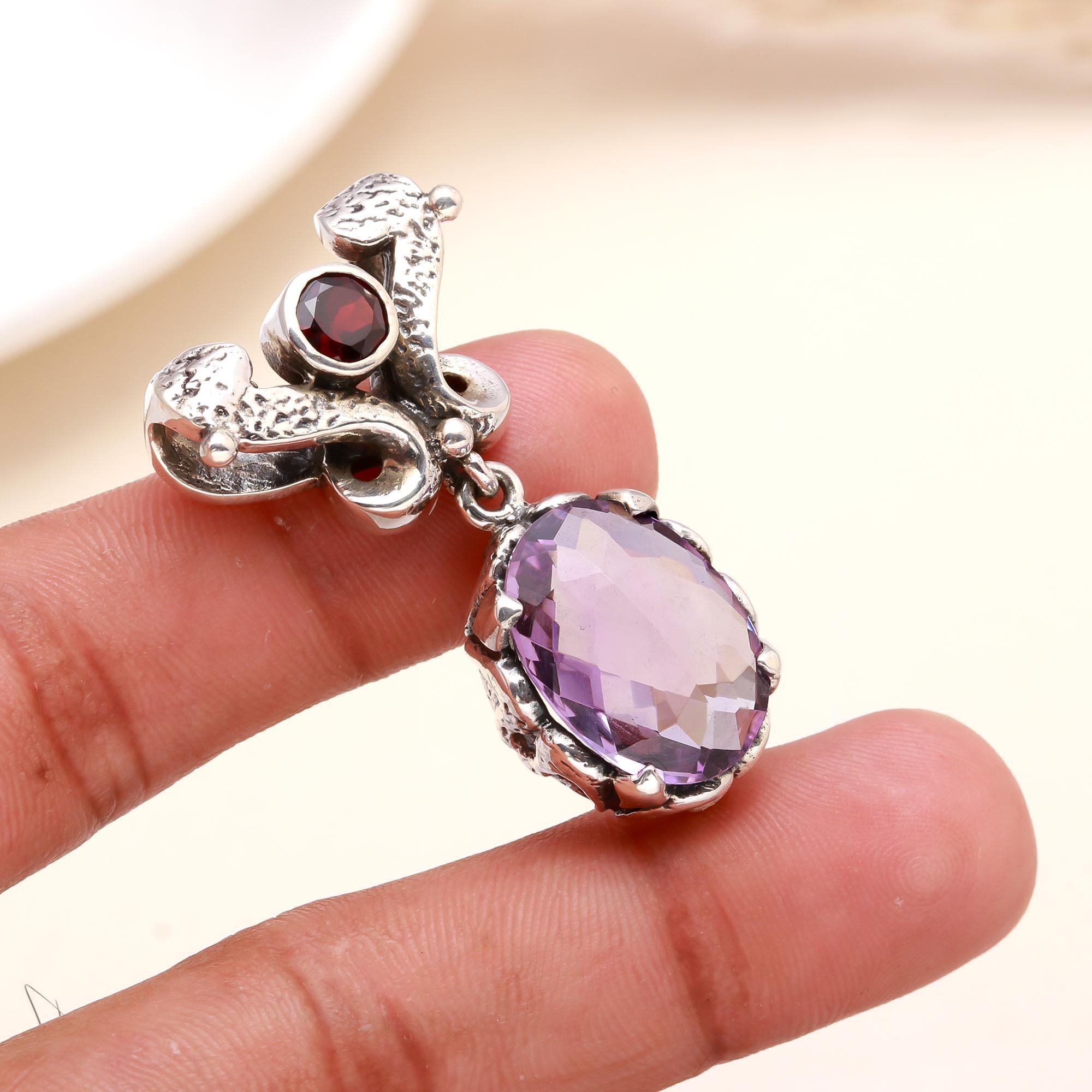 925 Sterling Silver Vintage-Inspired Amethyst & Garnet Pendant