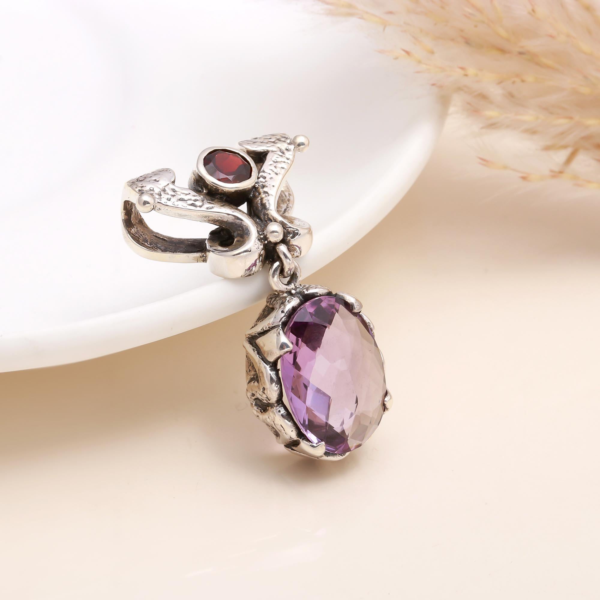 925 Sterling Silver Vintage-Inspired Amethyst & Garnet Pendant