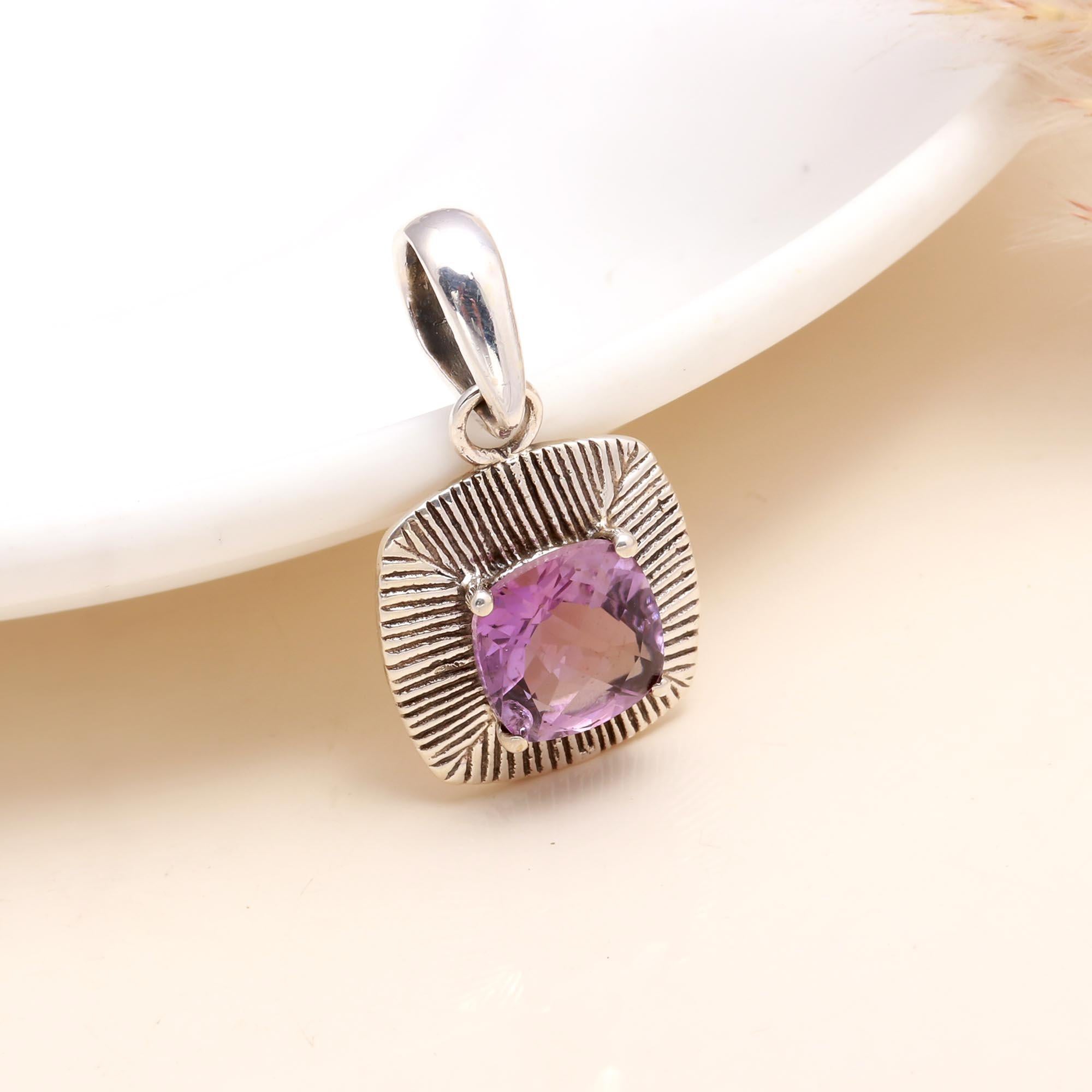 925 Sterling Silver Amethyst Textured Pendant